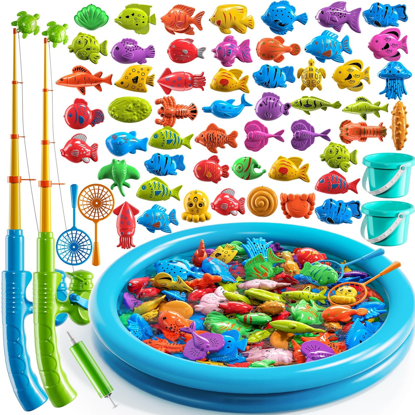 JUKUDAHU Magnet Fishing Toys Game for Kids 3-5 - Floating Fish Toys with Inflatable Kiddie Pool, Bath for Toddlers, Pole Rod Net, Outdoor Party for Boys Girls Kids Age 3 4 5 6 7 8 Year Old