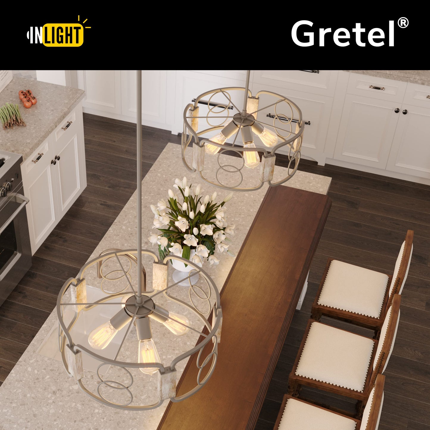 Inlight 16" Modern Farmhouse 4-Light Drum Island Chandelier with Distressed Wood Accents, Brushed Silver Gray Finish, Semi-Flush Convertible Pendant, IN-0336-4-WD