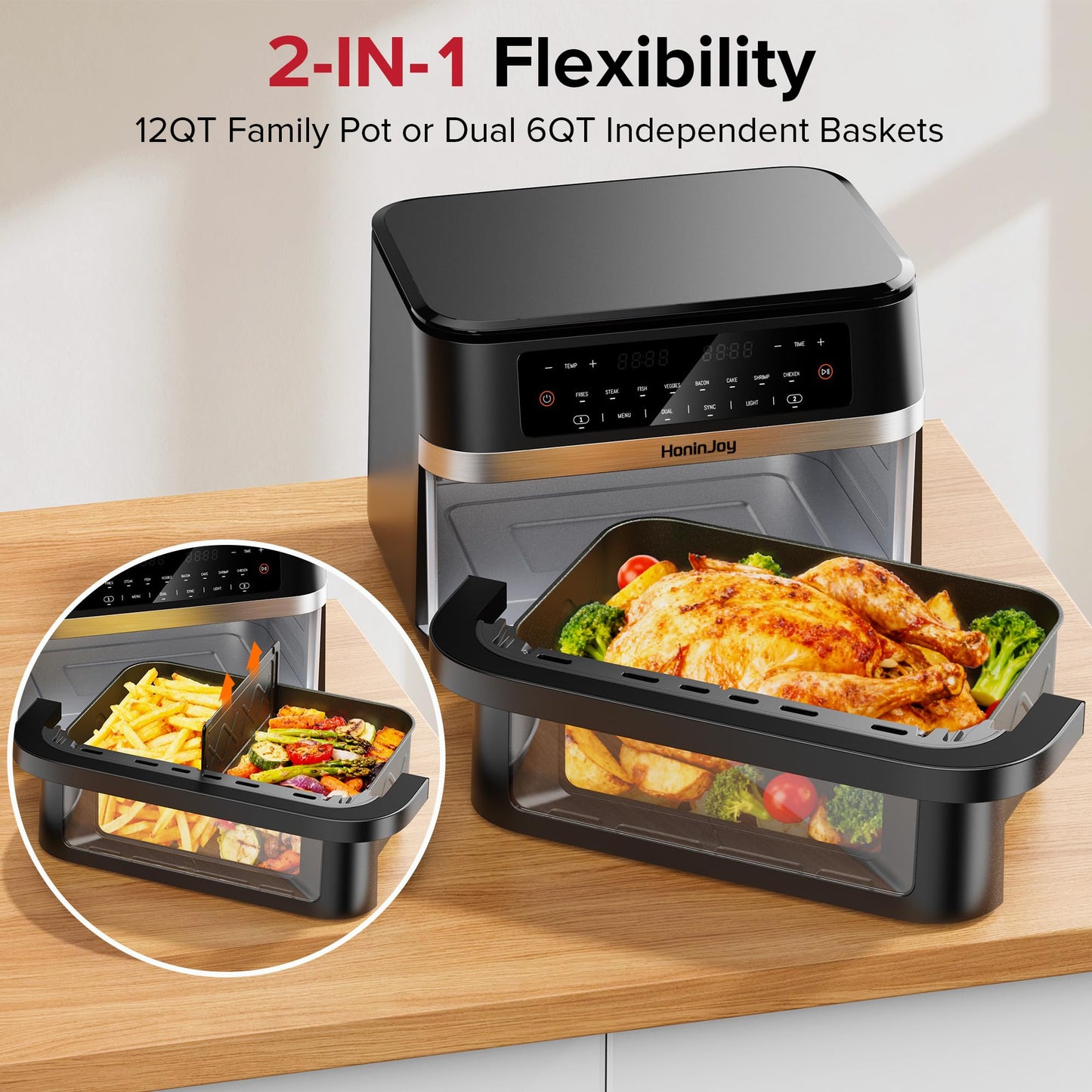 HoninJoy 12QT Large Dual Basket Air Fryer with Flex Basket, Viewing Window and 50PCS Paper Liners, 12-in-1 Family Size with Sync & Dual & Light, Double Zone for Bake, Roast, Reheat, Dishwasher Safe