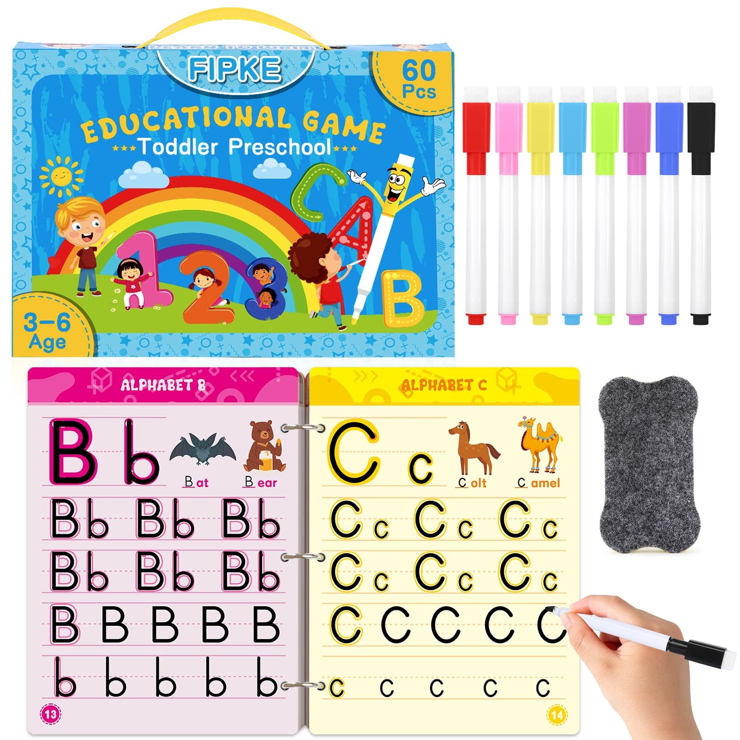FIPKE Preschool Handwriting Practice Book, Toddlers Preschool Learning Activities with 60 Pages Reusable Magic Practice Copybook for Kids, Educational Montessori Toys for 3 4 5 6 Year Old