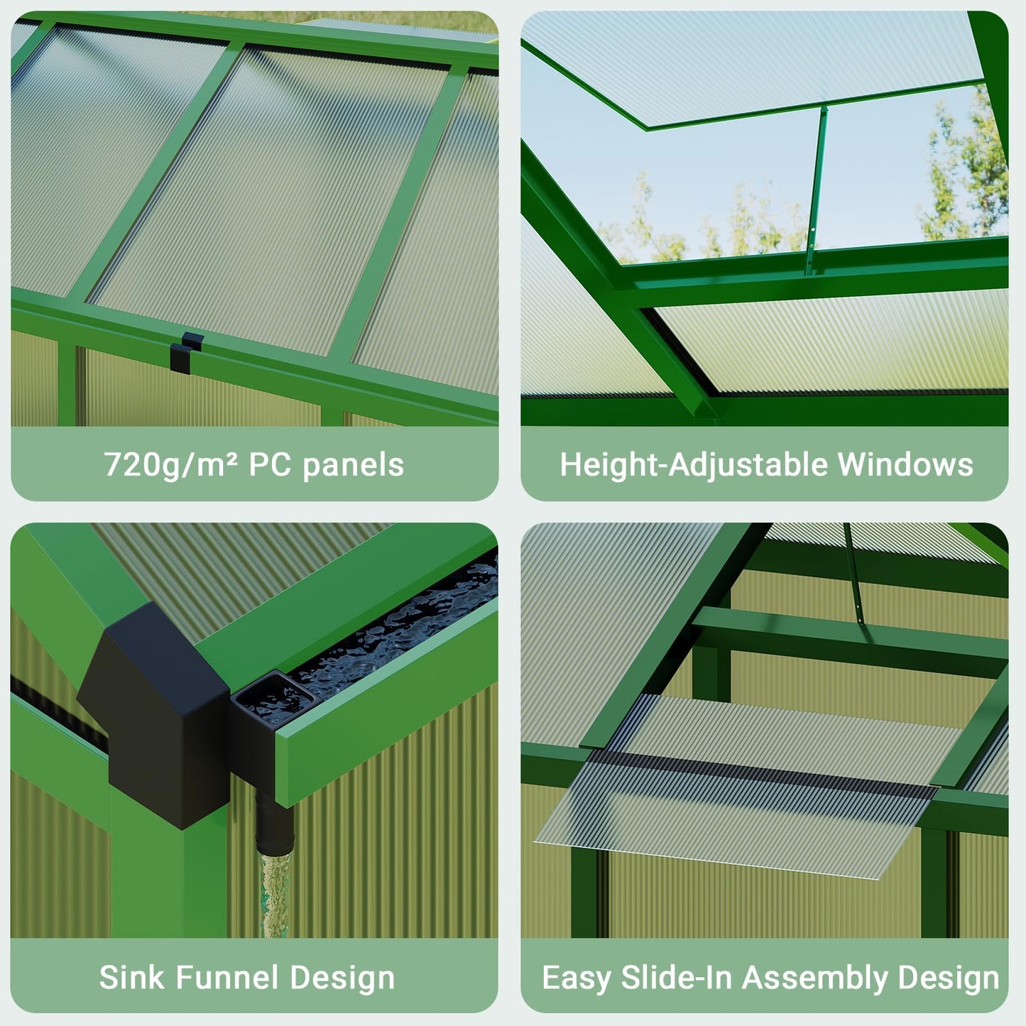 6X8 FT Greenhouse for Outdoors, Walk-in Greenhouse Kit with Aluminum Frame, Polycarbonate Panels, Adjustable Roof Vent, Sliding Door, Secure Lock for Outside Garden, Patio, Backyard
