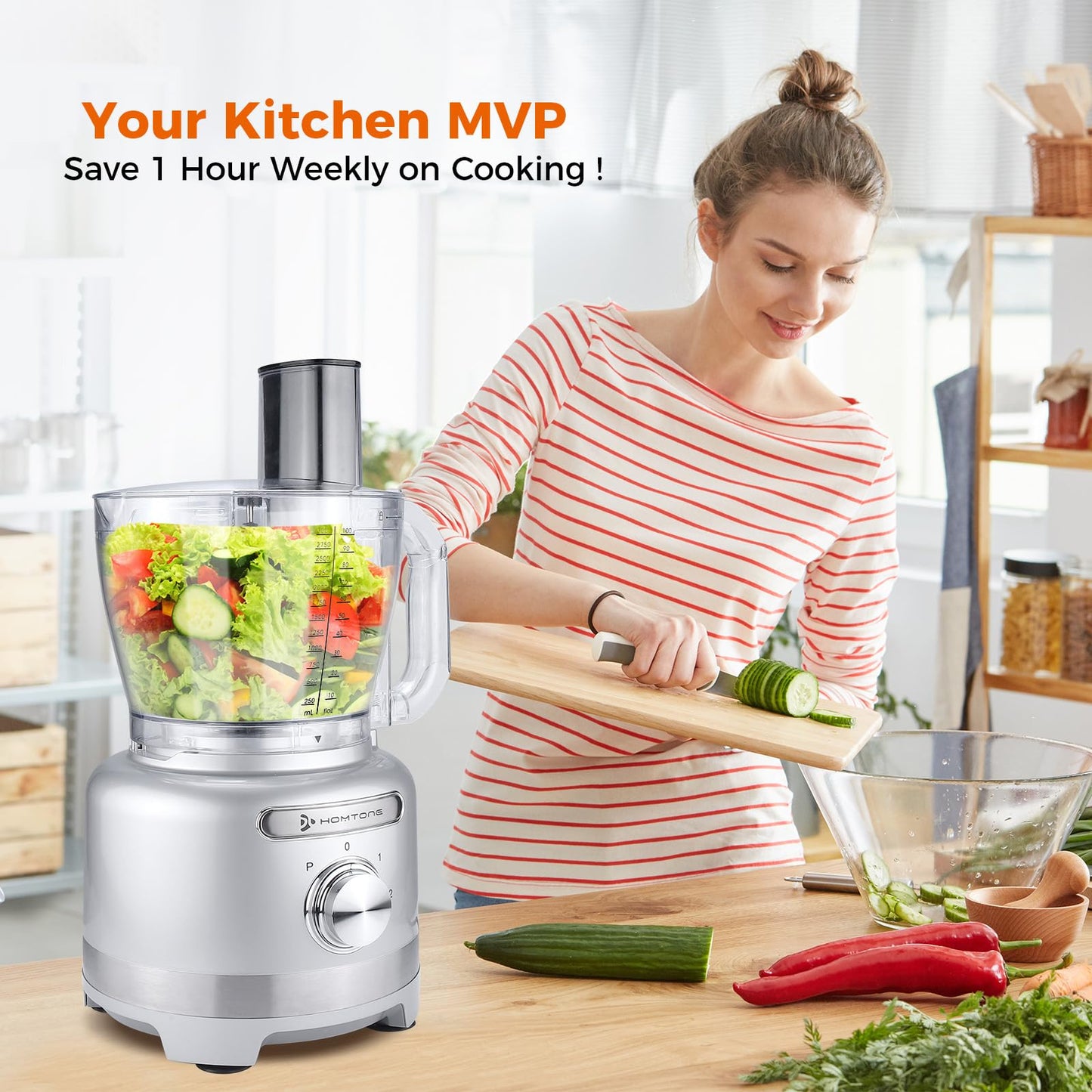 Homtone 16 Cup Food Processor, 9 Functions 7 Blades 3 Speeds for Shredding, Slicing, Doughing, Emulsfying and Meat Vegetable Chopping for Home Use, 600W (Sliver)