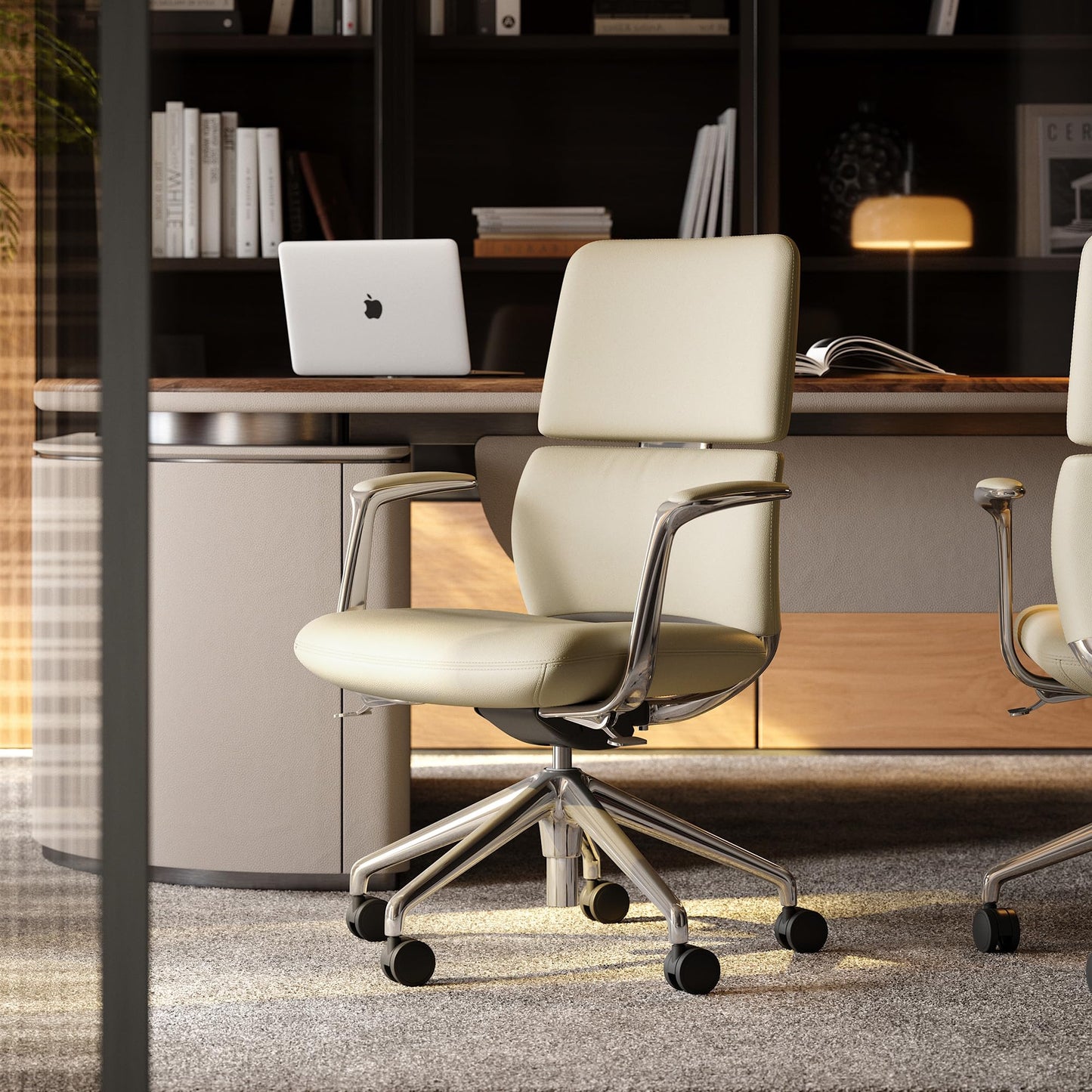 TOMU Genuine Leather Office Desk Chair with Wheels, Ergonomic Leather Executive Chair, Mid Back, Swivel Base with Adjustable Tilt, Modern Style, Luxury Aluminum Frame (Beige)