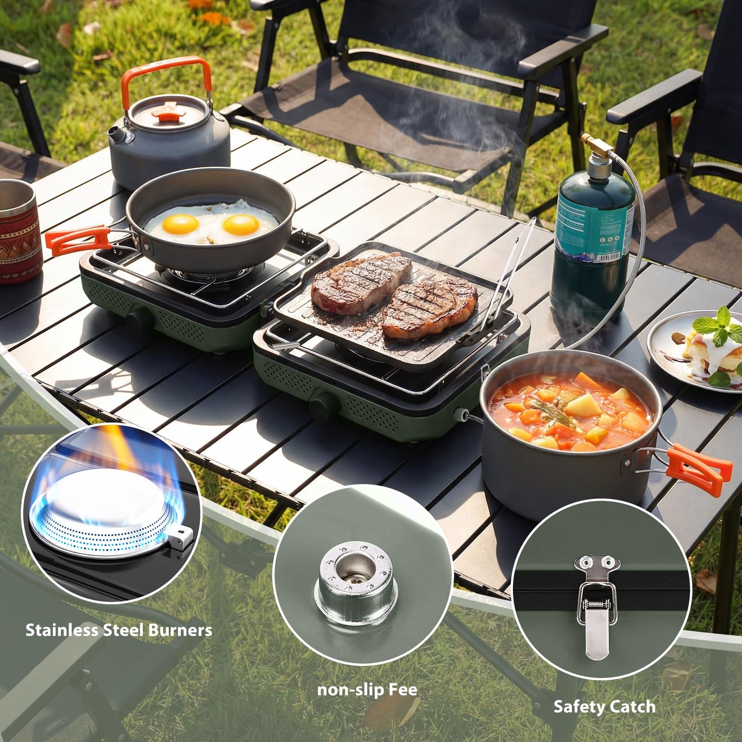 Hisencn Camping Stove,2 Burner Propane Camping Stove with Cookware Set,30,000 BTU Foldable Portable Gas Stove with Carry Bag,Outdoor Cooking Stove for Camping Gear,RV Essentials & Emergency,Green