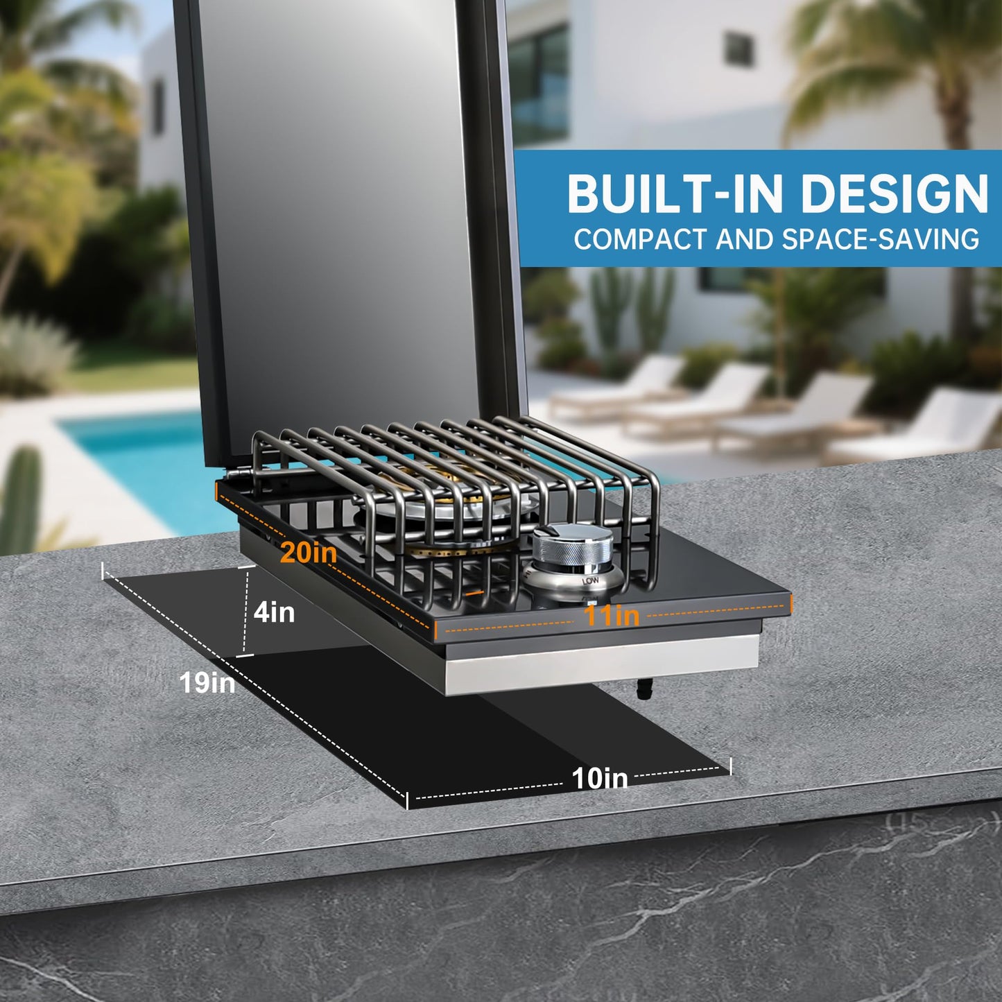 Built-in Single Side Grill Burner with Cover, Black 304 Stainless Steel Side Burner for Outdoor Kitchen, Propane & Natural Gas, Outdoor BBQ for Family Patio Parties