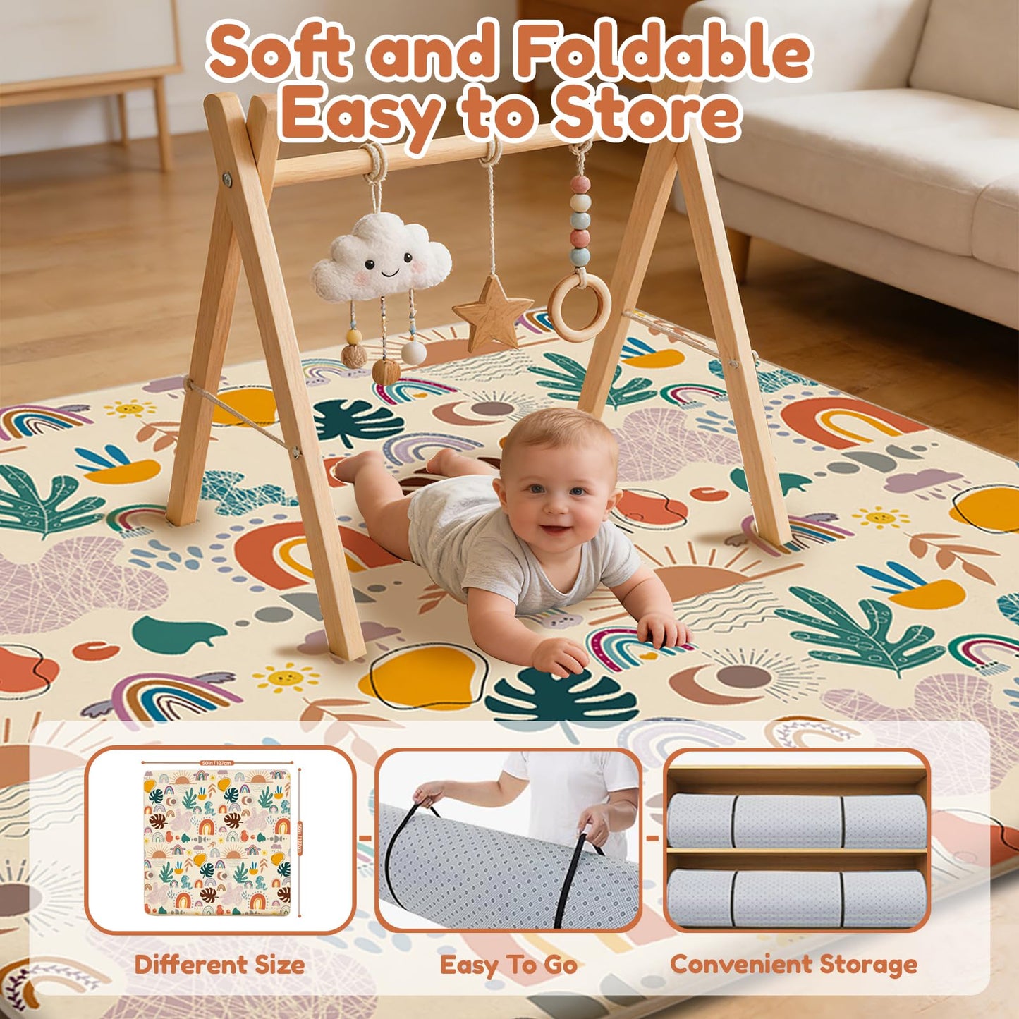 RONGFA Baby Play Mat for Floor, 50'' x 50'' Thicken Foam Padded Mat for Tummy Time, Playpen Playmat for Toddlers Infant Kids, Water-Repellent Coral Velvet, Non-Slip Bottom Safe for Crawling (Boho)