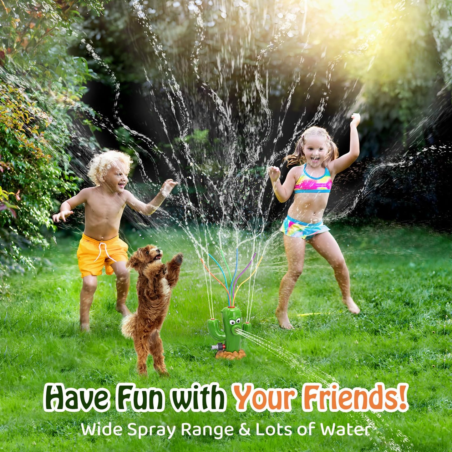 HeySplash Water Sprinkler Toy, Sprinkler for Kids Outdoor Play, Sprinkler Toy with 6 Wiggle Tubes, Outside Backyard Lawn Toys, Splashing Fun for Over 3 Year Boys Girls, Attach to Garden Hose, Cactus