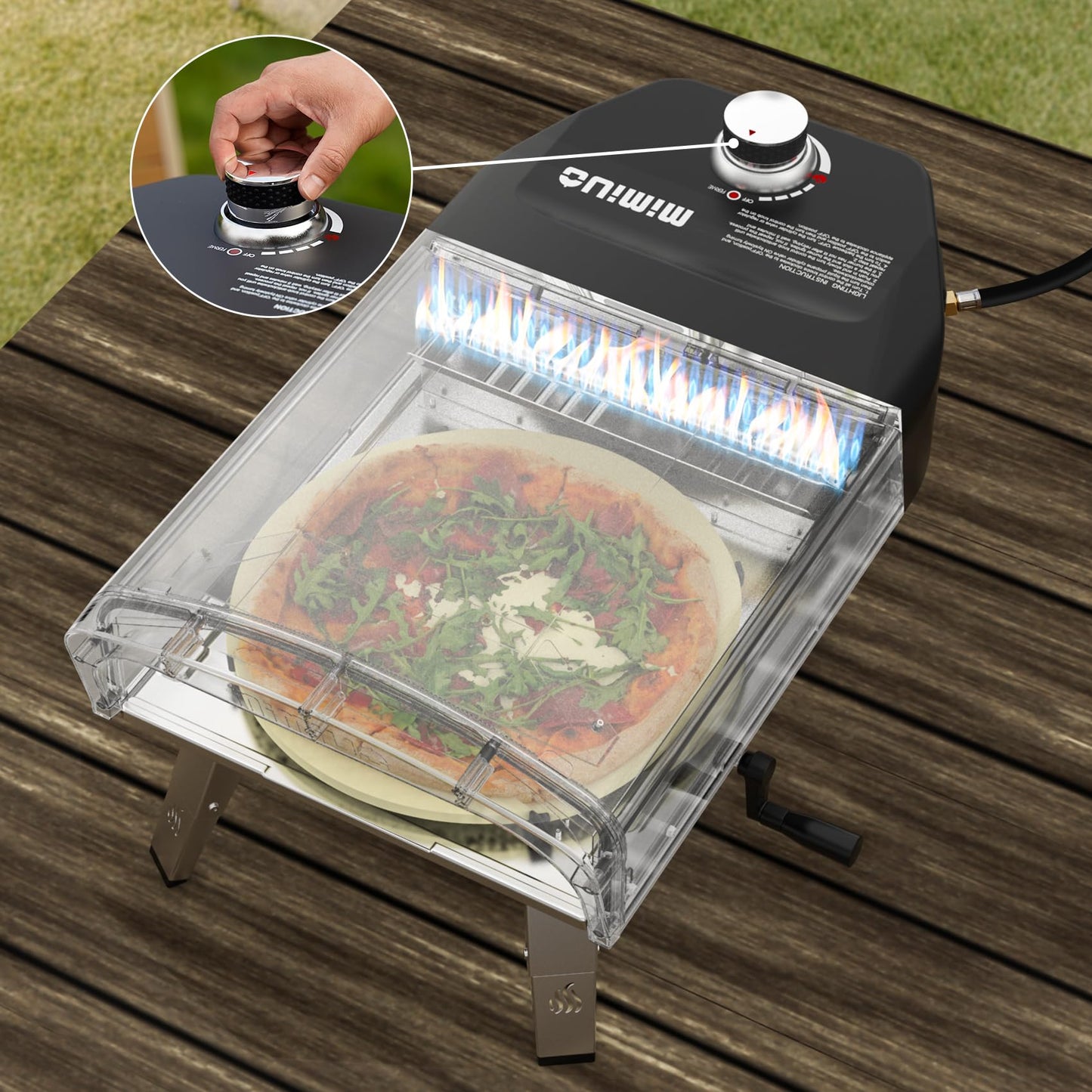 Mimiuo Outdoor Gas Pizza Oven Portable Propane Pizza Grilling Stove with Manual Rotation System, Oven Cover, Pizza Stone and Pizza Peel