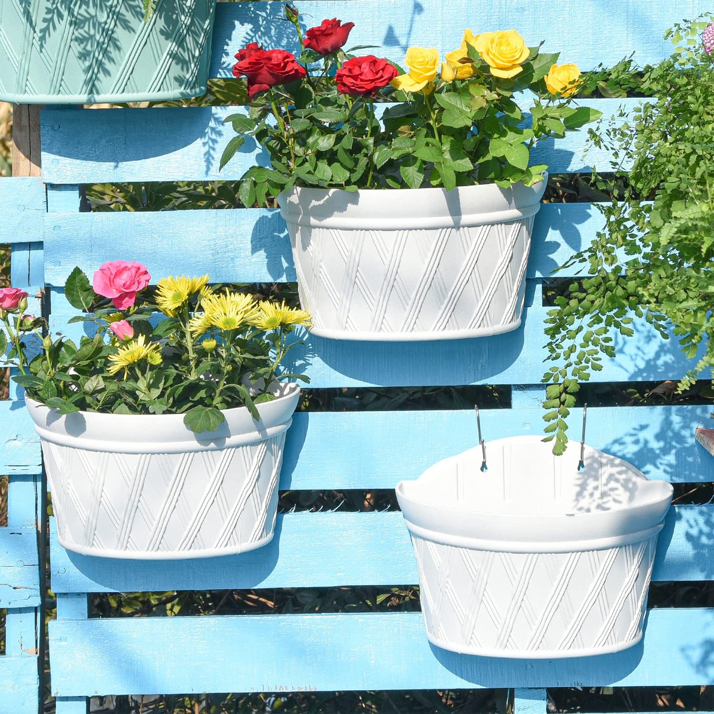 Sungmor Wall Hanging Planters,11.5 Inch Hanging Flower Pots for Railing Fence - Indoor Outdoor Balcony Wall Hanging Basket, Plastic Plant Pot Container - Half Round & 3PC Pack & Grey White
