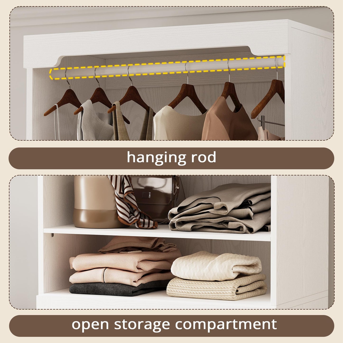 IRONCK Freestanding Closet System with 3 Wood Drawers, Modern Armoire Wardrobe with Adjustable Shelves & Hanging Rod, Walk-in Closet Systems Organizer for Small Closet, White
