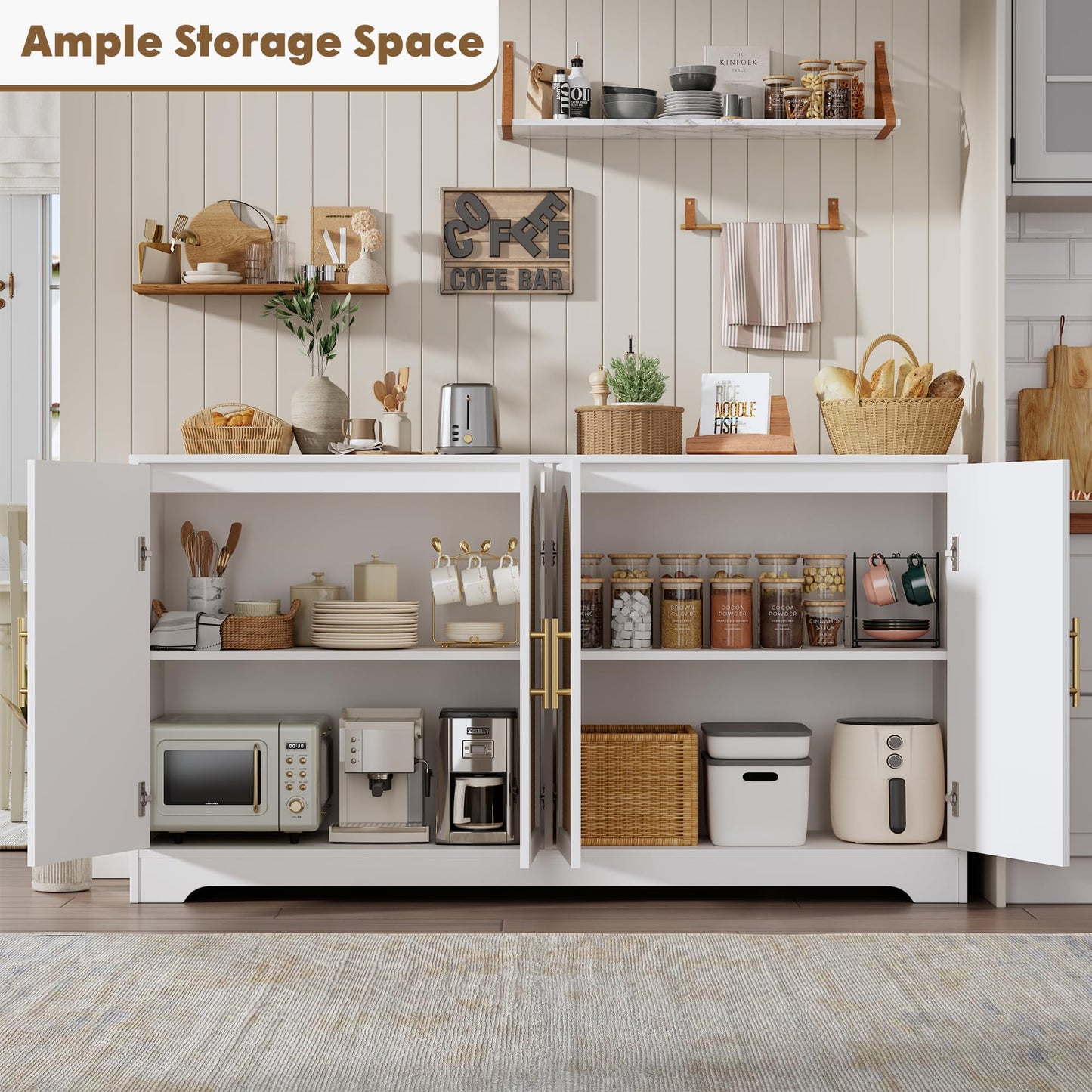 GarveeHome 59” Sideboard Buffet Cabinet - Large Credenza Storage with 4 Rattan Doors, Modern Console Table Accent Coffee Bar Cabinet for Living Room, Kitchen, Hallway, Dining Room, Entryway, White