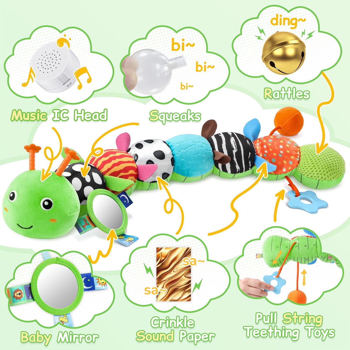 Tummy Time Baby Toys Sensory Musical Animal Stuffed Car Seat Toy for Infant 0-3-6-12 Months Newborn, Plush Caterpillar with Mirror,Crinkle,Rattle Teething Toys for Baby Boys Girls Shower Gifts, Green