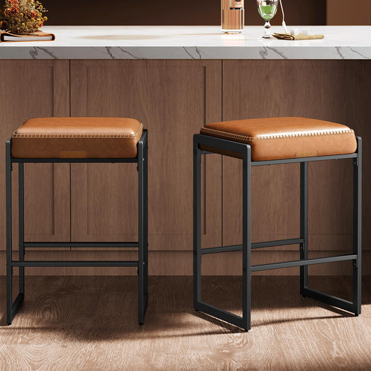 VASAGLE EKHO Collection - Bar Stools Set of 2, Counter Height Bar Stools, Synthetic Leather with Stitching, Mid-Century Modern Counter Stools, 26-Inch Tall, Kichen Home Bar Dining Room, Caramel Brown
