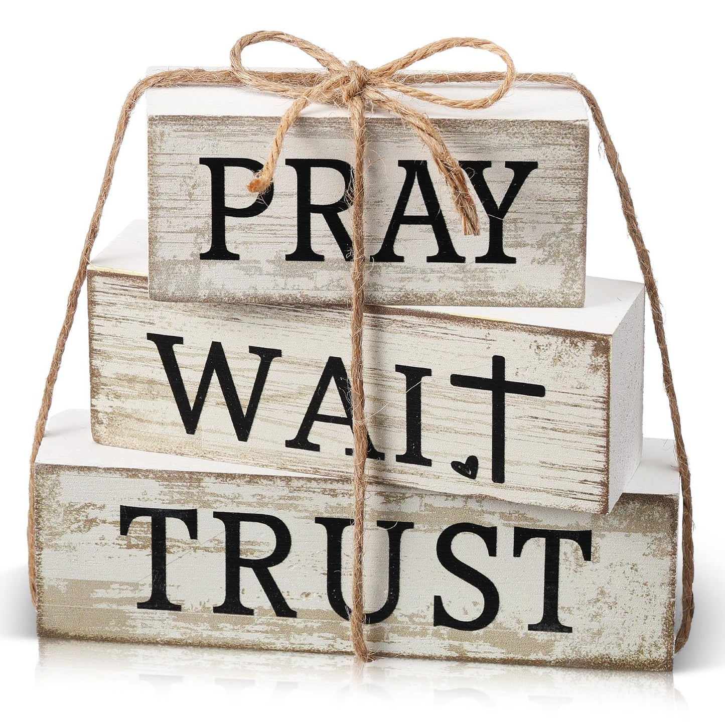 CroBlissful 4 Pcs Farmhouse Wooden Tabletop Decor Bible Verse Decorative Sign Inspirational Religious Christian Table Decor Pray Wait Trust Centerpiece Easter Gifts for Home Kitchen Shelf Mantle