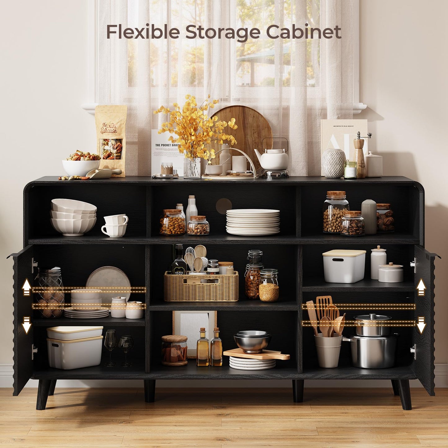 Lefurture 58 Inch Buffet Cabinet with Storage, Curved Buffet Sideboard w/2 Wave Doors, Open Storage Shelf, Adjustable Shelves, Wooden Coffee Bar Cabinet for Kitchen, Living Room, Black