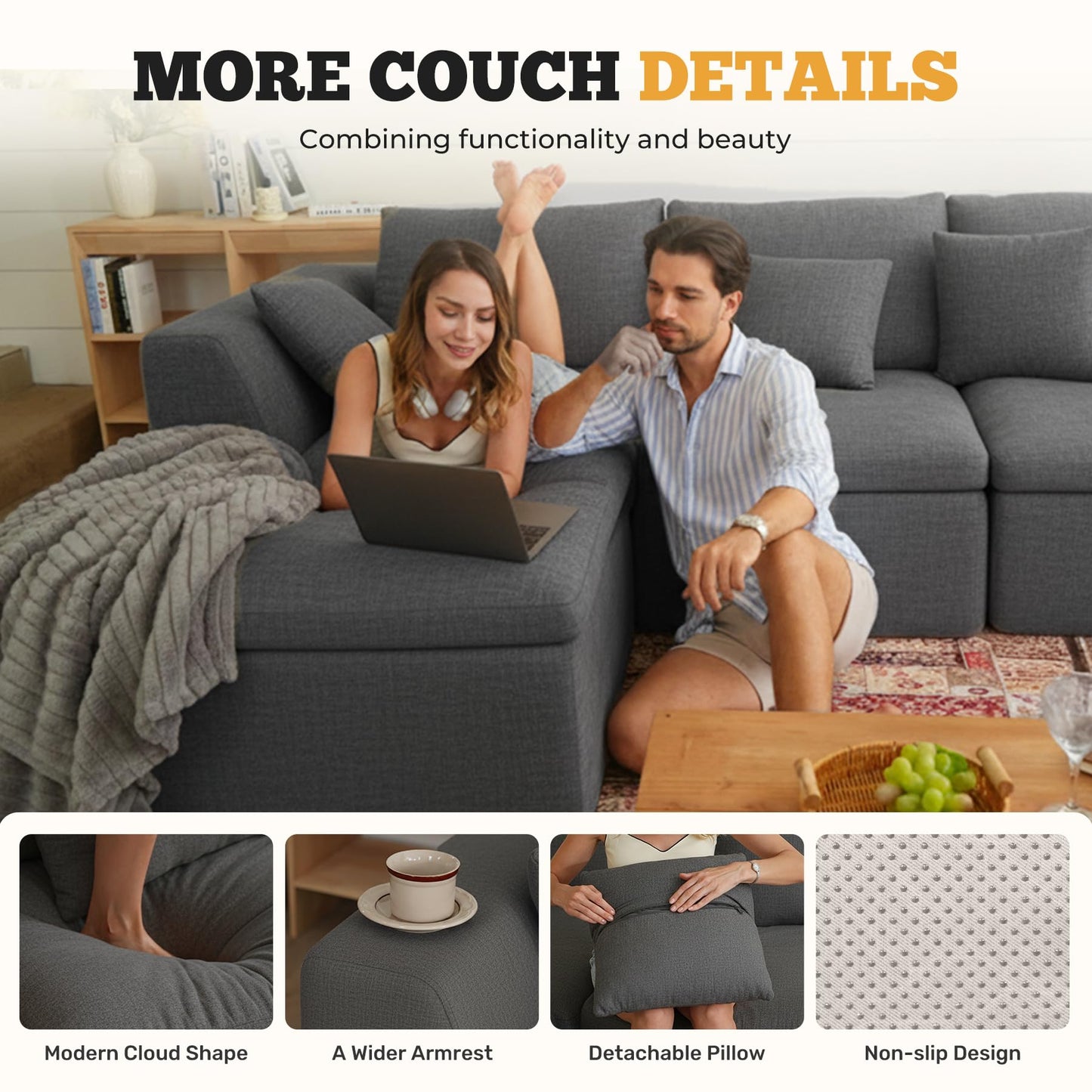 Luxanimarion 115" Cloud Boneless Sectional Couch, Deep Seat L Shaped Modular Couch with Ottoman, Oversized Upholstered Convertible 4 Seater Modular Sofa for Living Room,Black Chenille