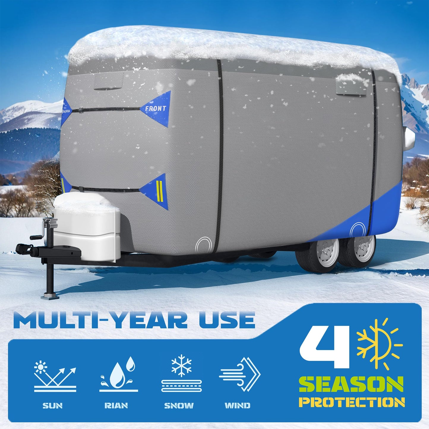 Fiberglass Travel Trailer Cover Fits 13' - 16' Trailers, Anti-Tear 7 Layer Top Camper RV Cover, Superior RV Covers with Windproof Strap, Adhesive Repair Patches
