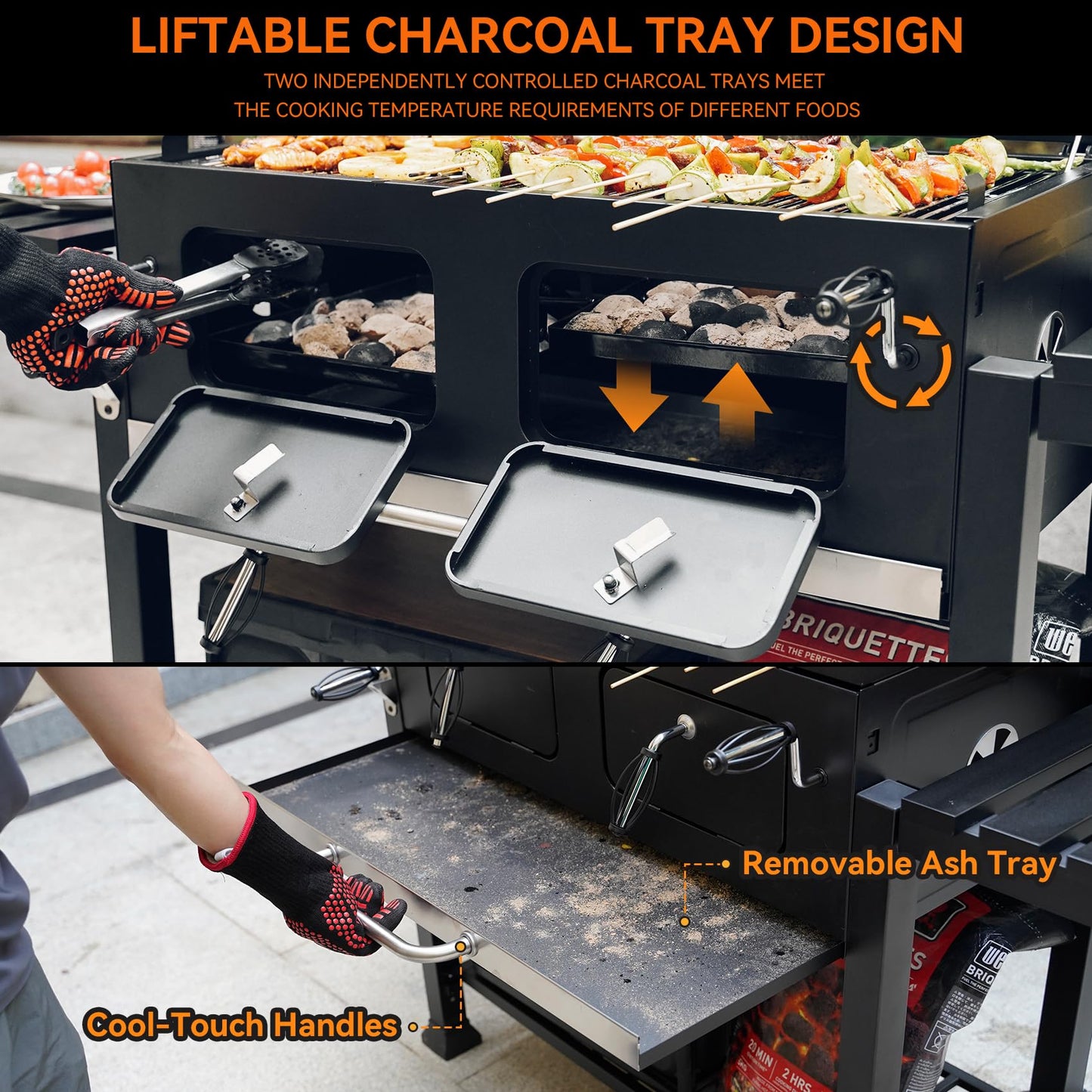 ONLYFIRE GRILLS Extra Large BBQ Charcoal Grill with Cover, 794 SQ.IN Cooking Area, Heavy Duty Outdoor Barbecue Grill with 2 Individual Lifting Charcoal Tray and 2 Side Tables, Sturdy Wheels, GS339