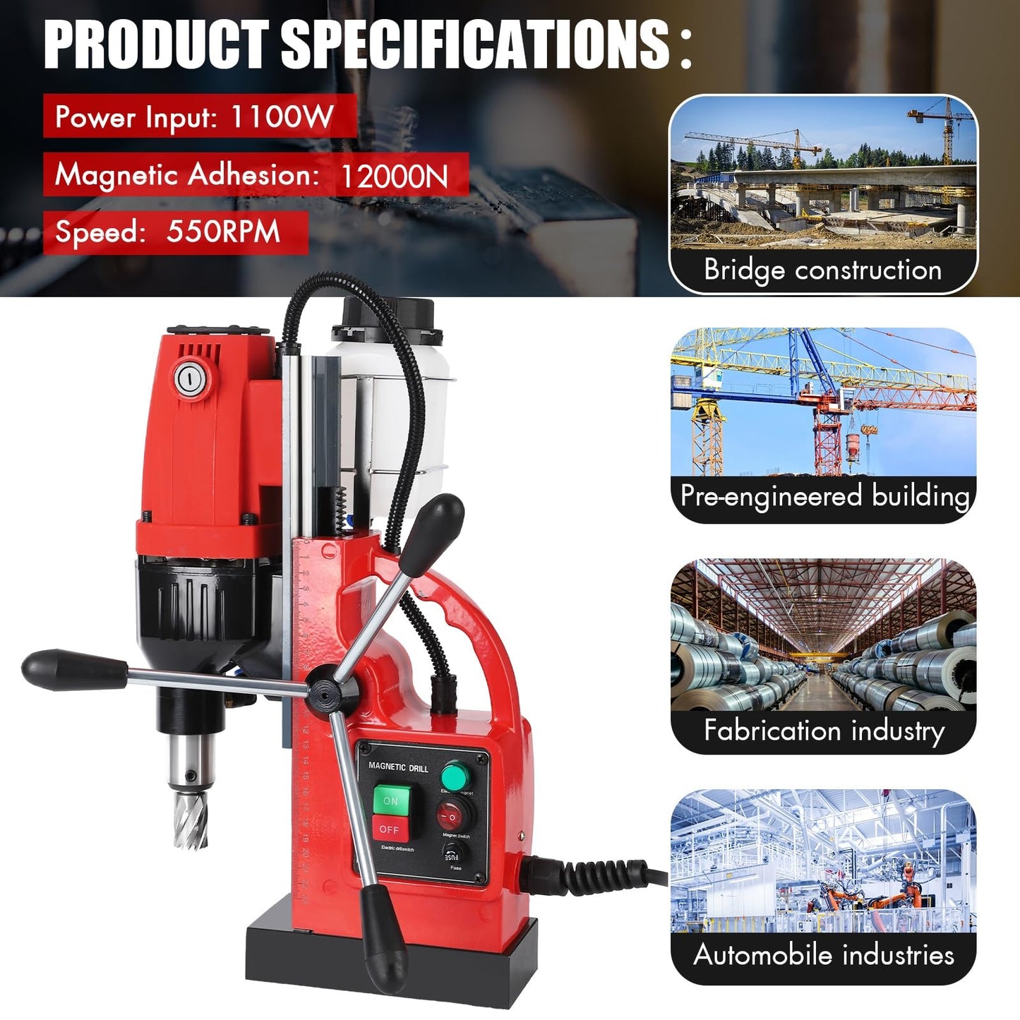 COZONY Mag Drill Press, 1100W 550RPM Portable Magnetic Drill Press, Magnetic Core Electric Drilling Machine for Metal Working,14Pcs Annular Cutters Drilling Bits，Red