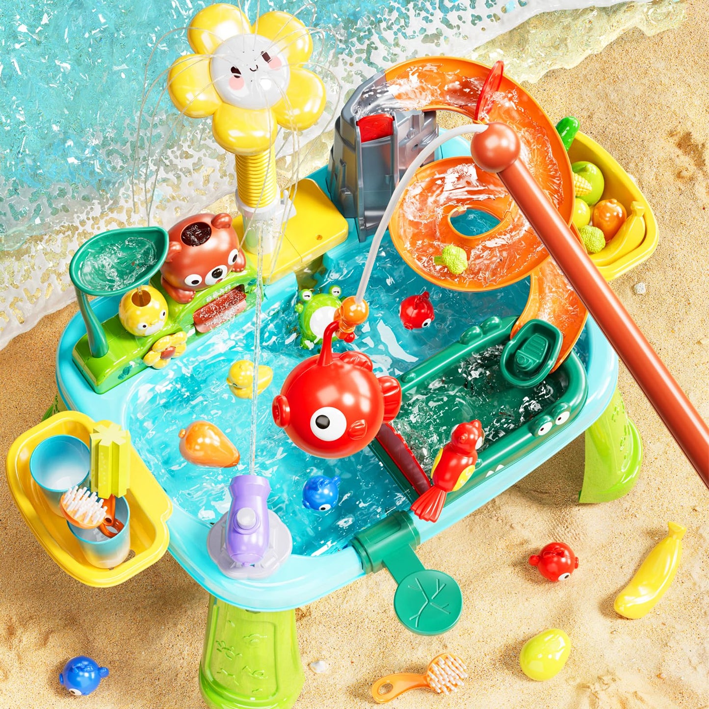 Pupu Pig Water Table Play Sink Toys for Toddlers, Kids Play Kitchen Sink with Running Water, 360° Electric Faucet, Floating Fishing Game, Sensory Water Table Toys for Boys Girls Summer Gifts