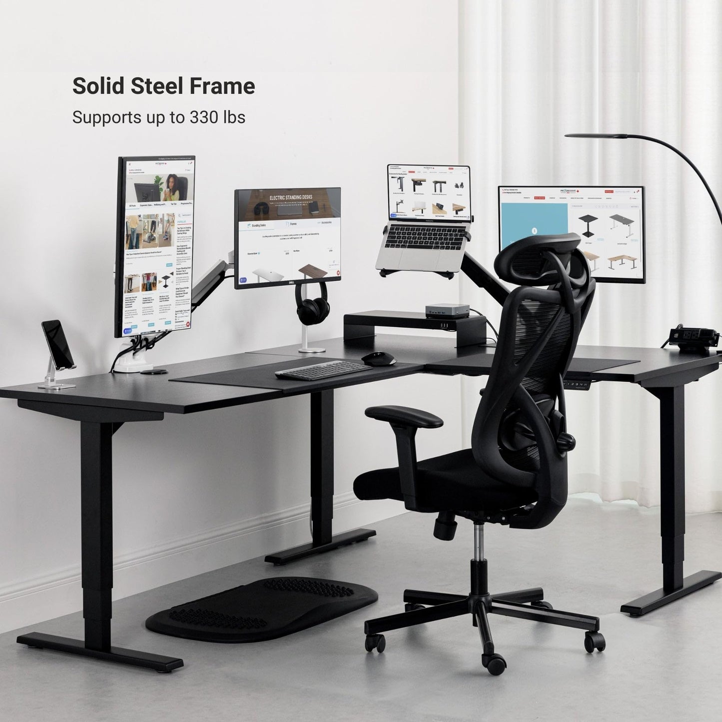 Progressive Desk Electric Stand Up Height Adjustable Standing Desk - Large 90" x 60" L Shaped Corner Rising Computer Workstation Table - Gray Oak, Black Frame