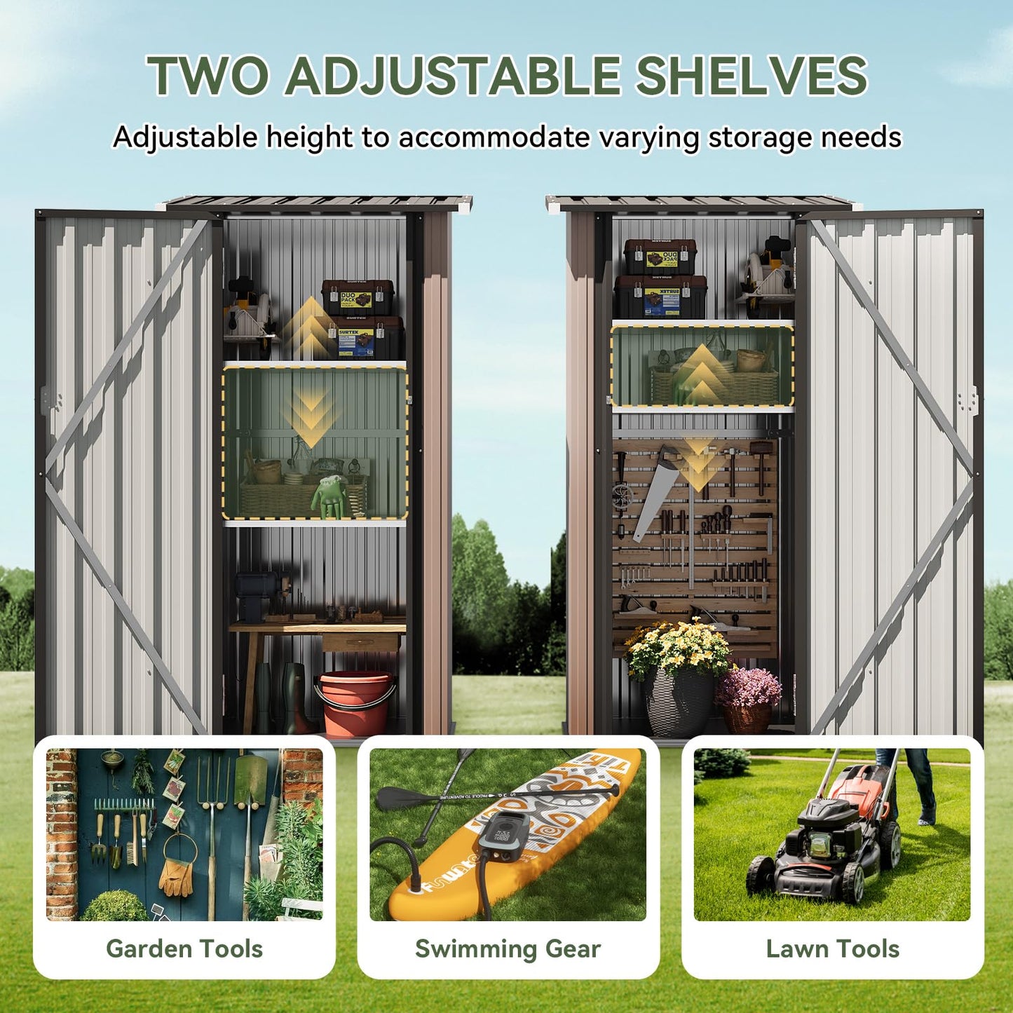 Aoxun Outdoor Storage Shed with Floor - Vertical Cabinet with 2 Adjustable Shelves & Lockable Doors, Waterproof Small Tool Shed, for Backyard Garden Patio Lawn Indoor, Brown