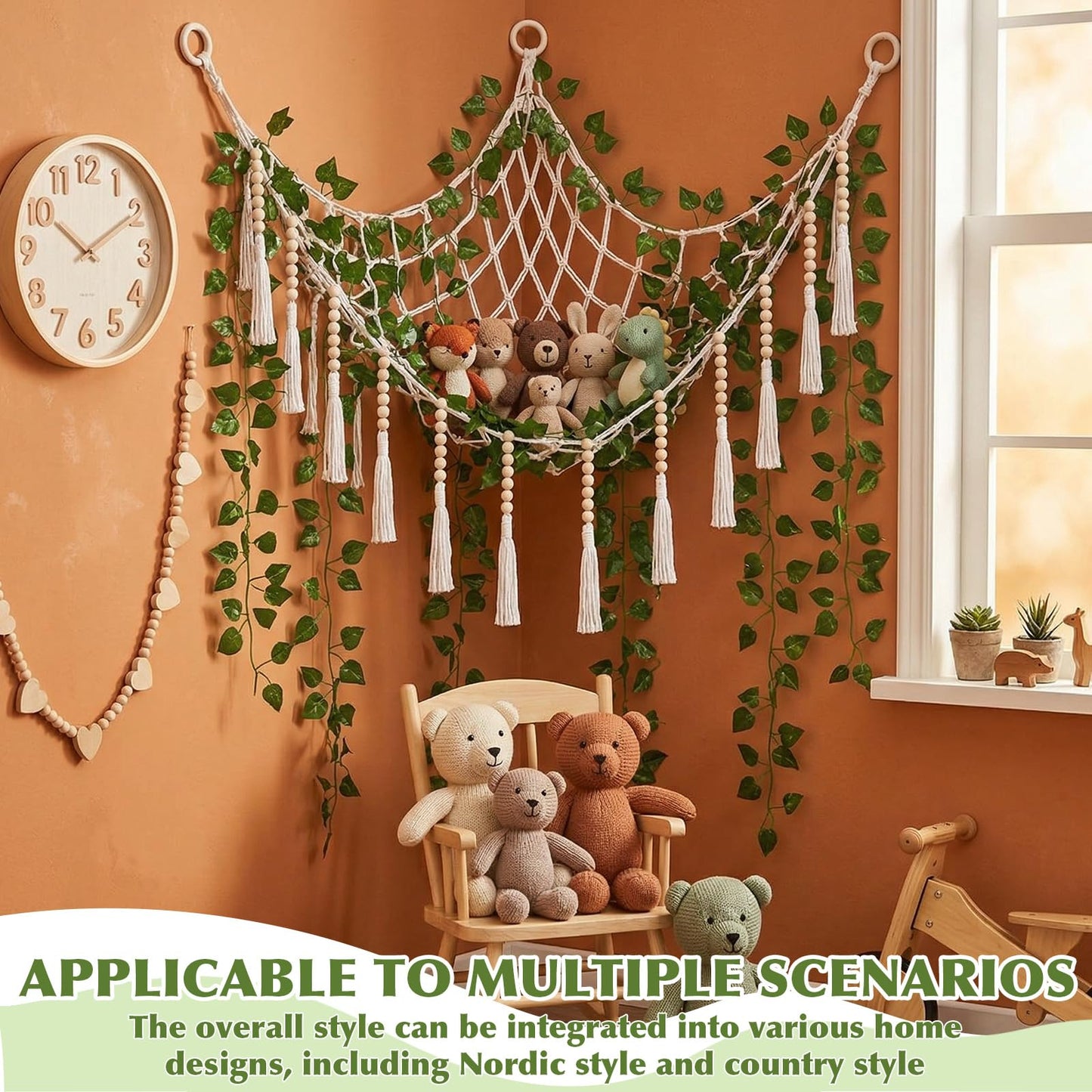 Suncalla 4 Pcs Large Stuffed Toy Storage Net Hammock Corner with Fake Vines Artificial Ivy Garland Bedroom Aesthetic Decor for Kids Baby Nursery Essentials Wall Bedroom Home Decor (White)