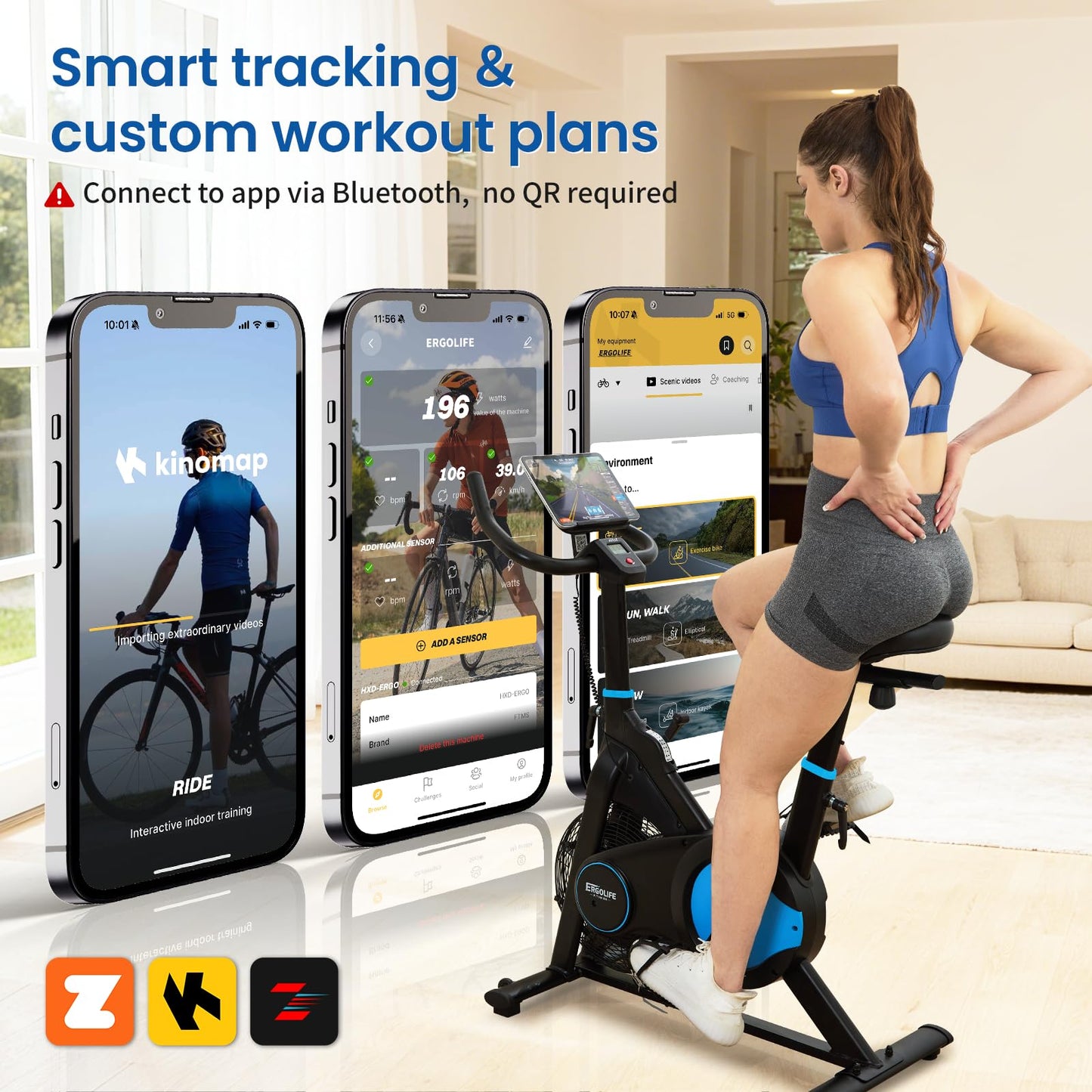 ERGOLIFE Air + Magnetic Resistance Exercise Bike, Stationary Fan Bike with Exclusive App, 8 Resistances Indoor Cycling with 300lbs Weight Capacity & Tablet Holder for Weight Loss