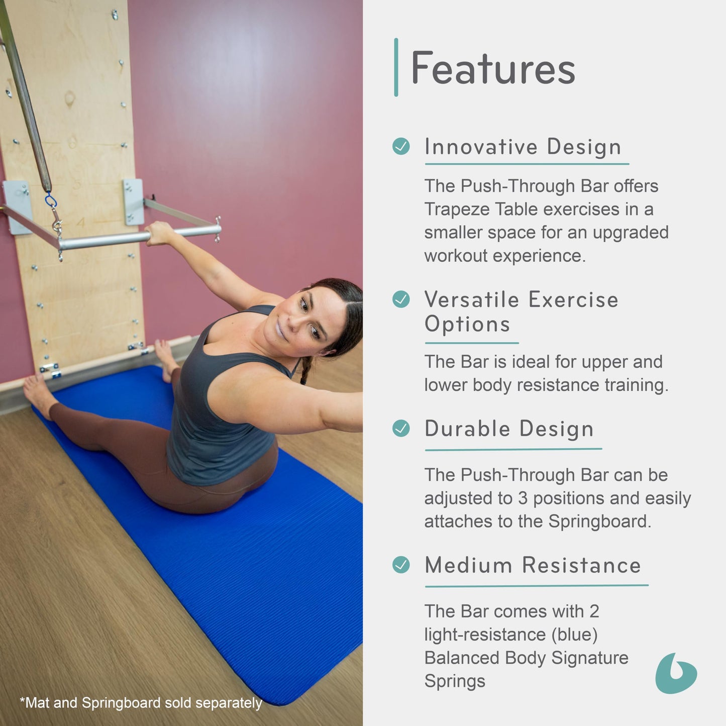 Balanced Body Push-Through Bar Kit for Pilates Springboard, Pilates Wall Equipment for Home Gym or Studio Use, Blue, Light Resistance Springs