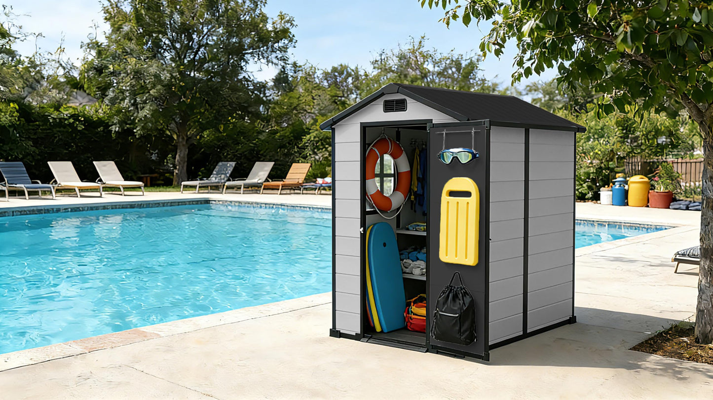 4x6 FT Outdoor Storage Shed, Large Waterproof Resin Garden Shed with Lockable Door Vents Window for Patio Lawn Mower Bike Tool Backyard Organization, Gray + Black