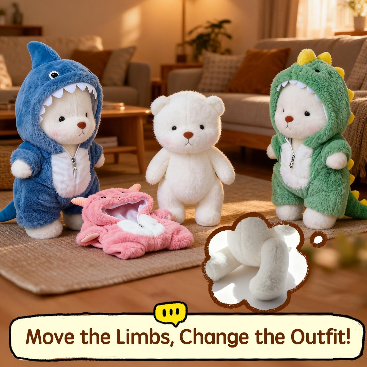 Teddy Bear Stuffed Animals, Teddy Bear Plushies Soft Funny Stuffed Toys with Removable Blue Shark Clothes, 13'' Emotional Support Cute Plush Figure Toys with Movable Legs for Toodlers Kids Women