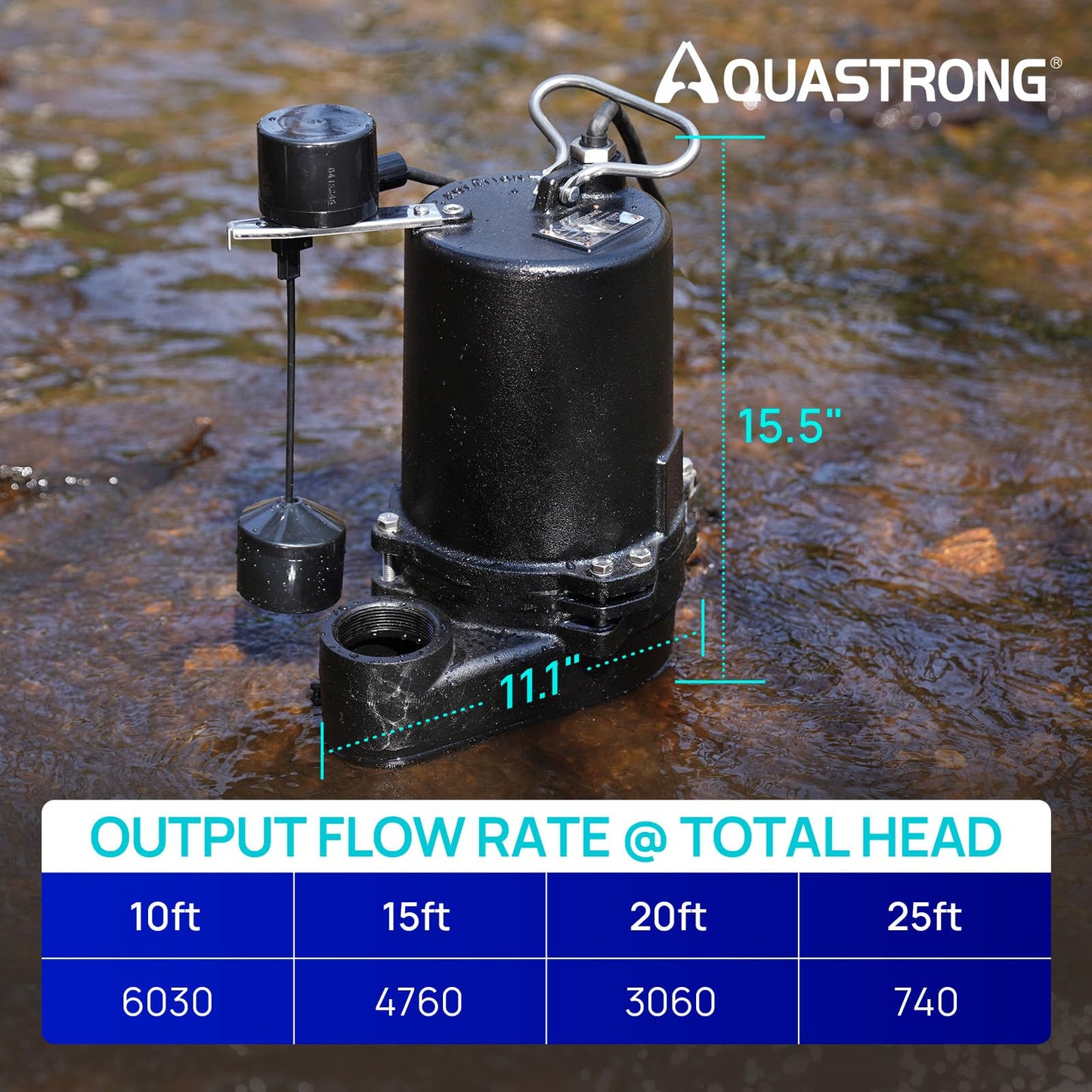 Aquastrong Sewage Grinder Pump, Cast Iron Effluent Pump, Auto Float Switch for Basement Sump Basin and Sewage Well, 2 inch Discharge, 220V 1/2HP 6030GPH No Grinder