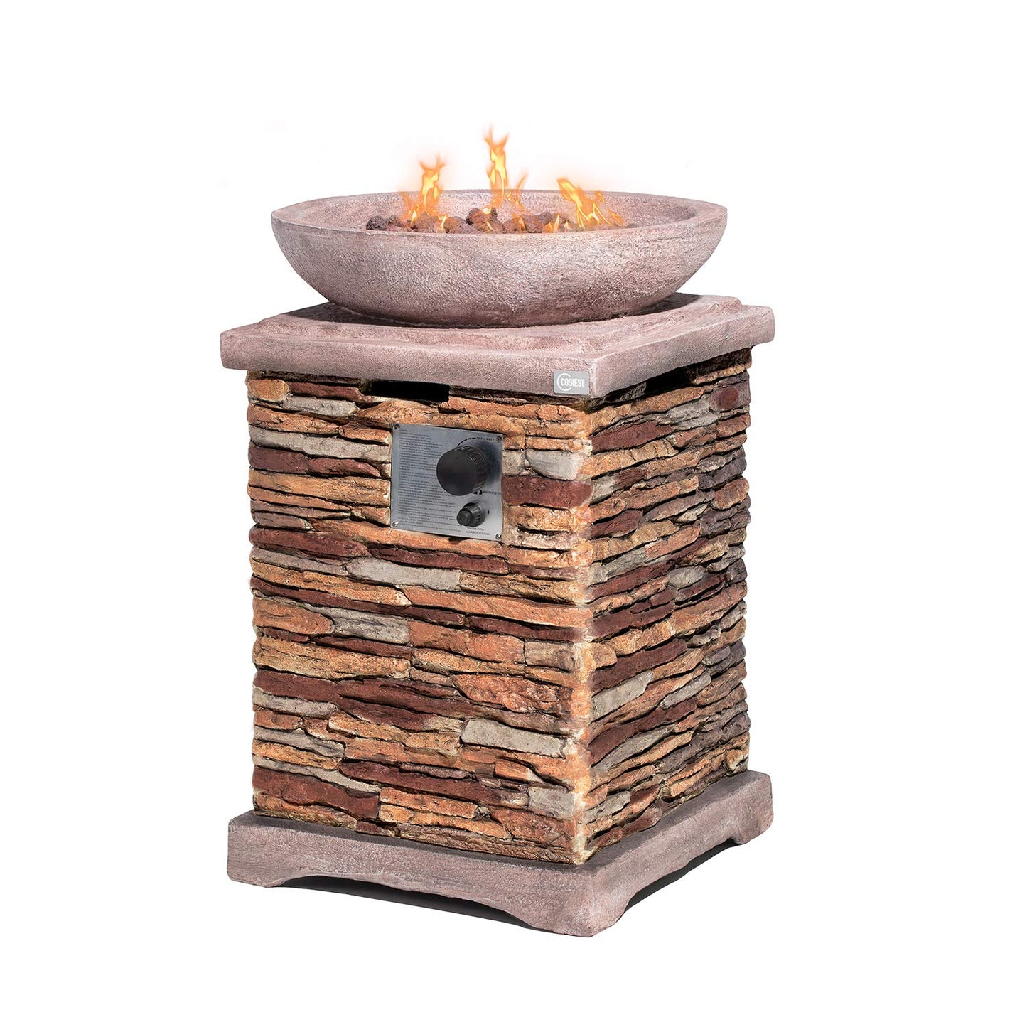 COSIEST Outdoor Propane Fire Pit Table w Faux Brown Compact Ledge Stone 20" Square Base and Faux Rose-Marble Round Bowl, Certified, 40,000 BTU, Free Lava Rocks, Fits 20lb Tank Inside, Raincover