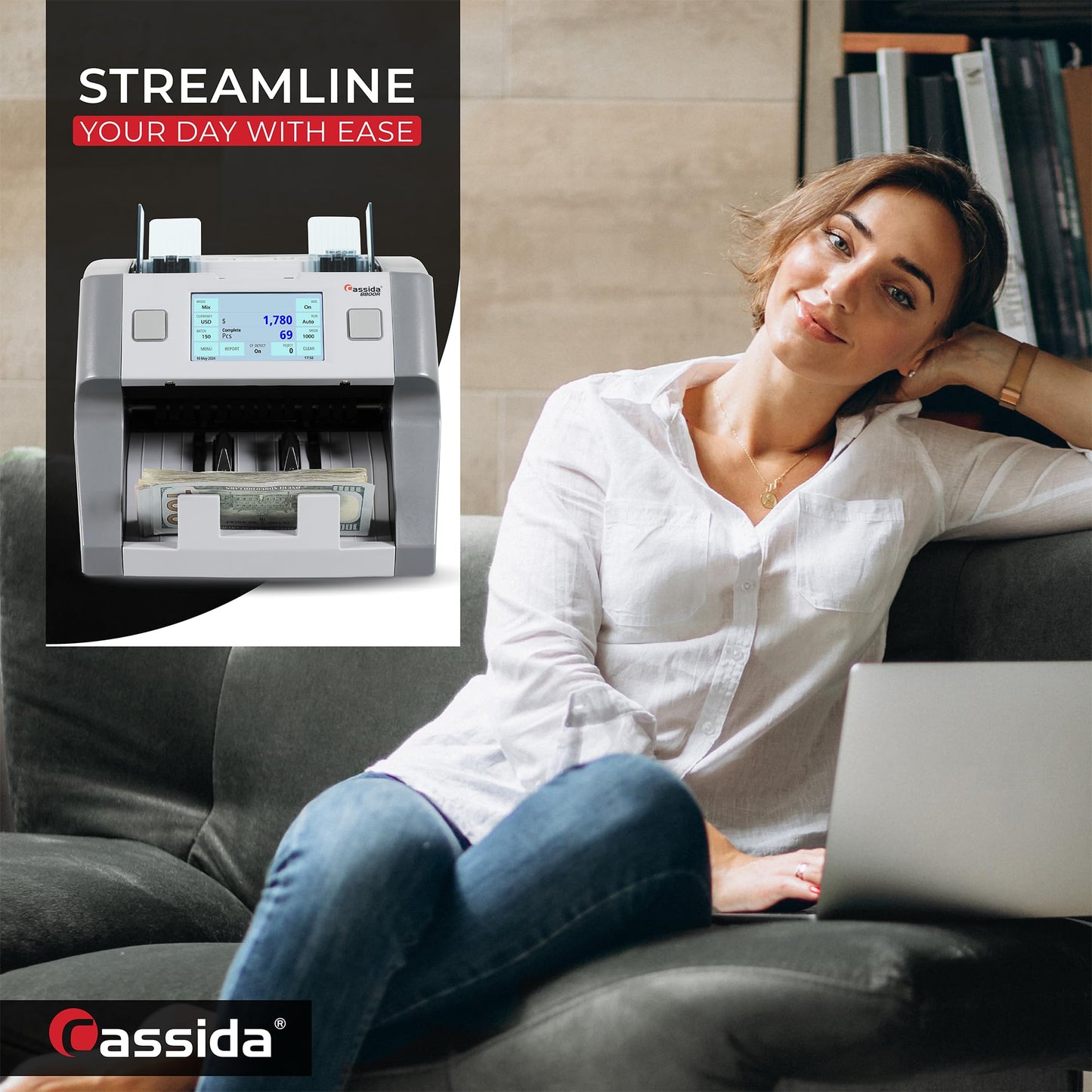 Cassida 8800R V2 USA Premium Bank-Grade Mixed Denomination Money Counter Machine, Advanced Counterfeit Detection, Multi-Currency, 3-Year Warranty, Includes External Display, Printing Enabled