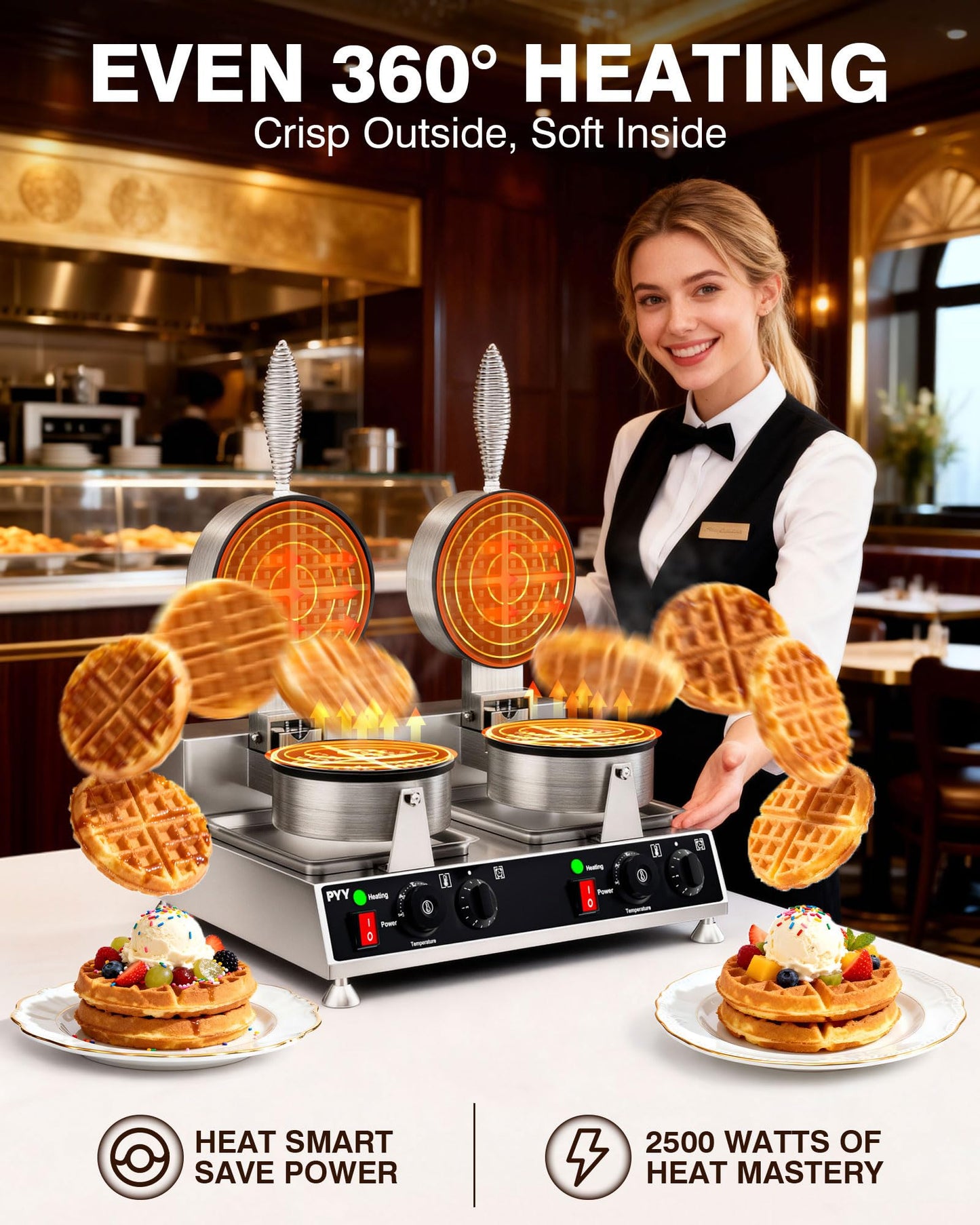 PYY Commercial Waffle Maker - Double Waffle Maker 2500W Large Stainless Steel，Silver Non-stick Electric Chaffle Maker for Restaurants, Waffle Houses, and Carnival Events