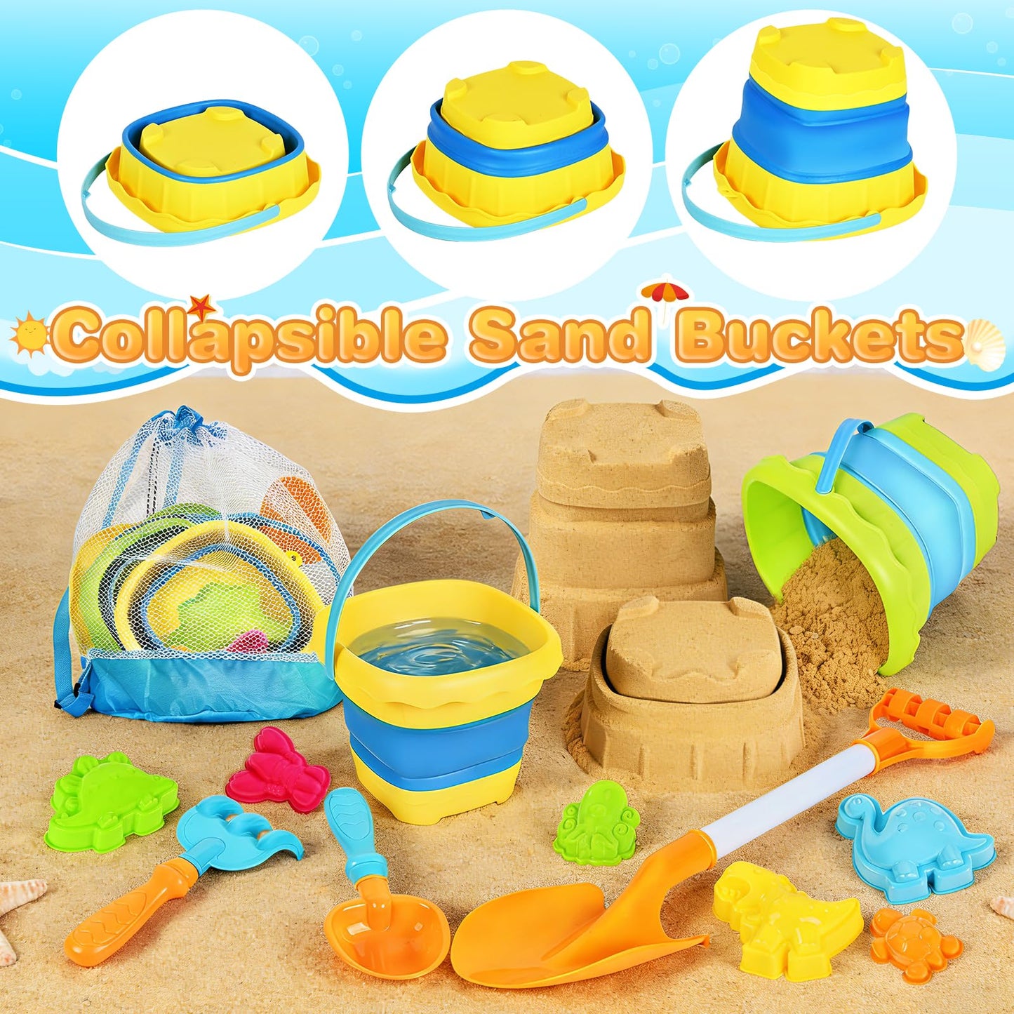 AuroTops Beach Toys for Kids,Collapsible Beach Buckets and Shovels Set with Mesh Bag,Sand Rake Toy,Cute Sand Molds for Kids and Toddlers Outdoor Toys,Summer Travel Beach Game Set
