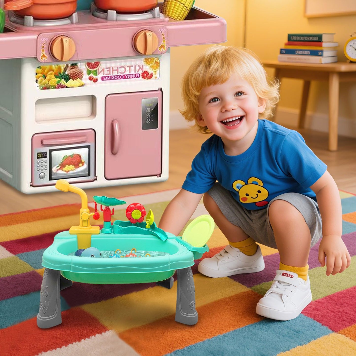 Mini Water Table for Toddler 1-3, Kids Play Sink with Running Water, Outdoor Toys for Kids Ages 4-8 with 360° Electric Faucet, Floating Fishing Game, Sensory Activity Kitchen Toy for Boys Girls