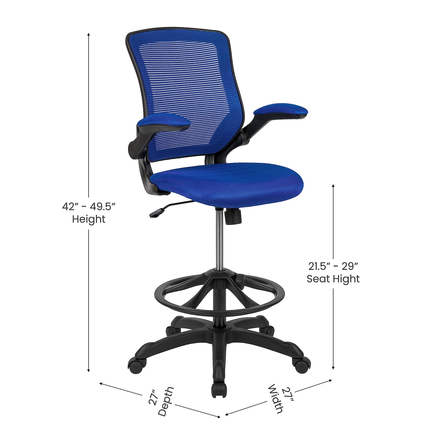 Flash Furniture Kale Mid-Back Blue Mesh Ergonomic Drafting Chair | Adjustable Foot Ring, Flip-Up Arms