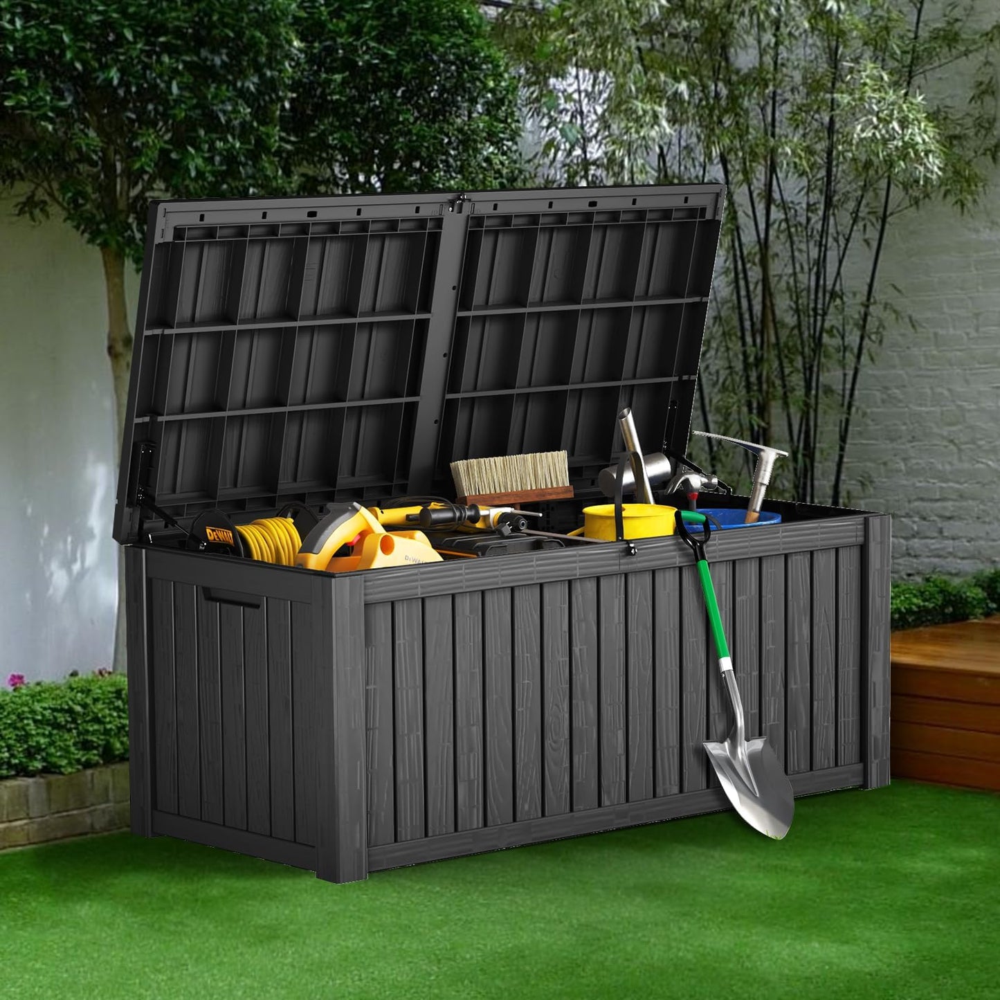 PATIOEASY Outdoor Storage Box 180GAL Waterproof Resin Deck Box,UV-Resistant Lockable Package Delivery Bin for Garden Tools,Large Patio Outside Cushions,Pool Accessories Supplies,Chest,Furniture,Black