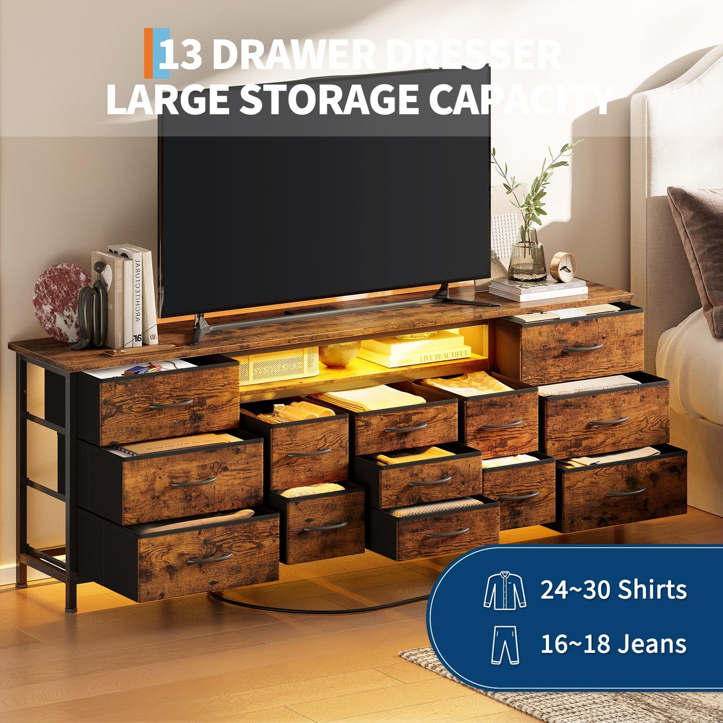 LED TV Stands for Living Room, 70 Inch Dresser TV Stand for 65, 75, 80 Inch TV,TV Stand with Storage, Entertainment Center with Power Outlets, 13 Drawer Fabric Dresser for Living Room, Bedroom