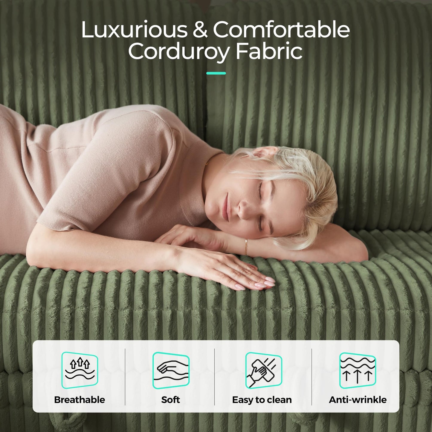 LINSY HOME Pull Out Sleeper Sofa Sectional Couches for Living Room, L Shaped Plush Corduroy Couch with Storage&USB Charging, Convertible Cloud Sectional Sofa Bed for Apartment, Green