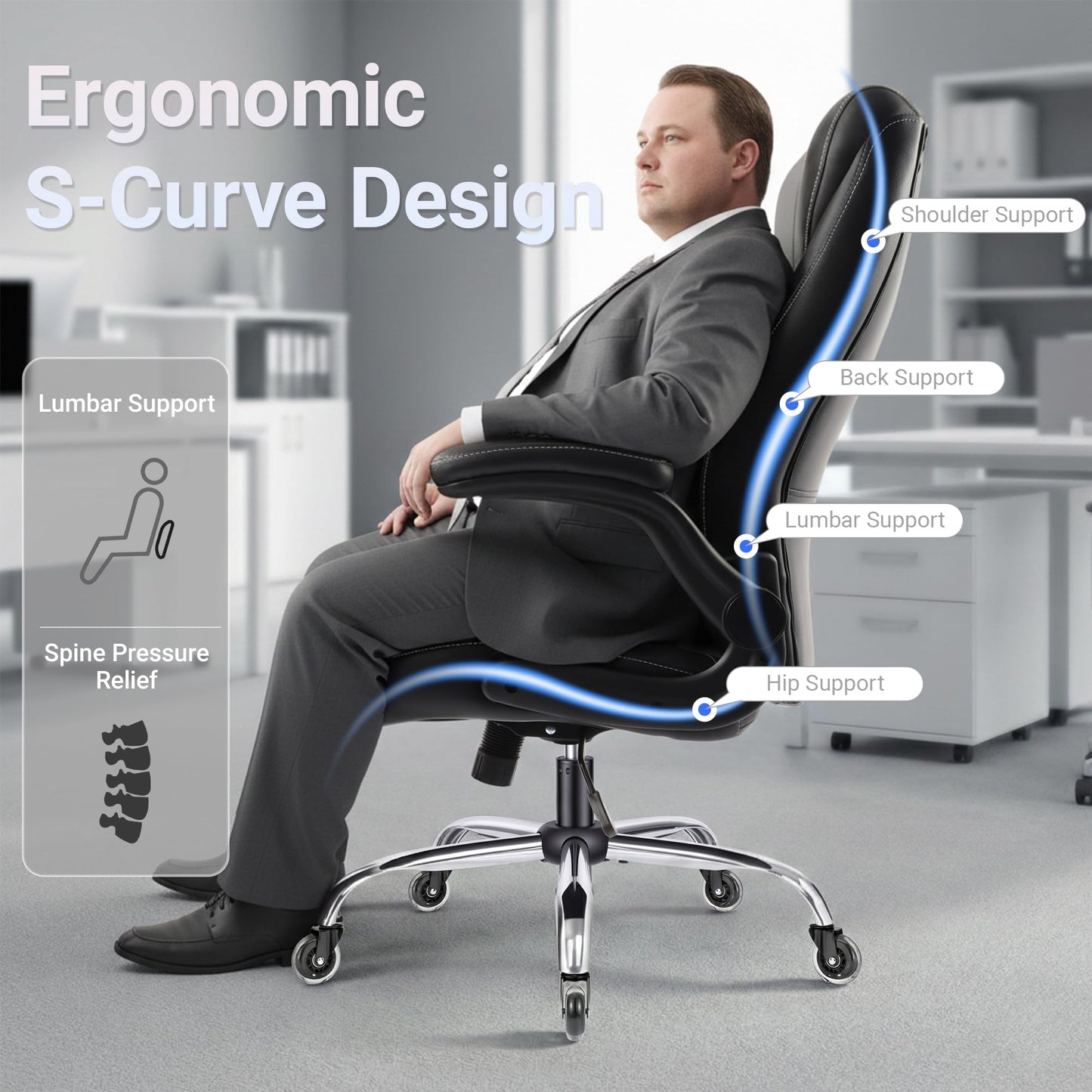 FAMSINGO Big and Tall Office Chair for Heavy People, 500LBS High Back Extra Wide Executive PU Leather Office Chair with Flip-Up Armrests, Quiet Rubber Wheels, Comfortable Home Office Desk Chair