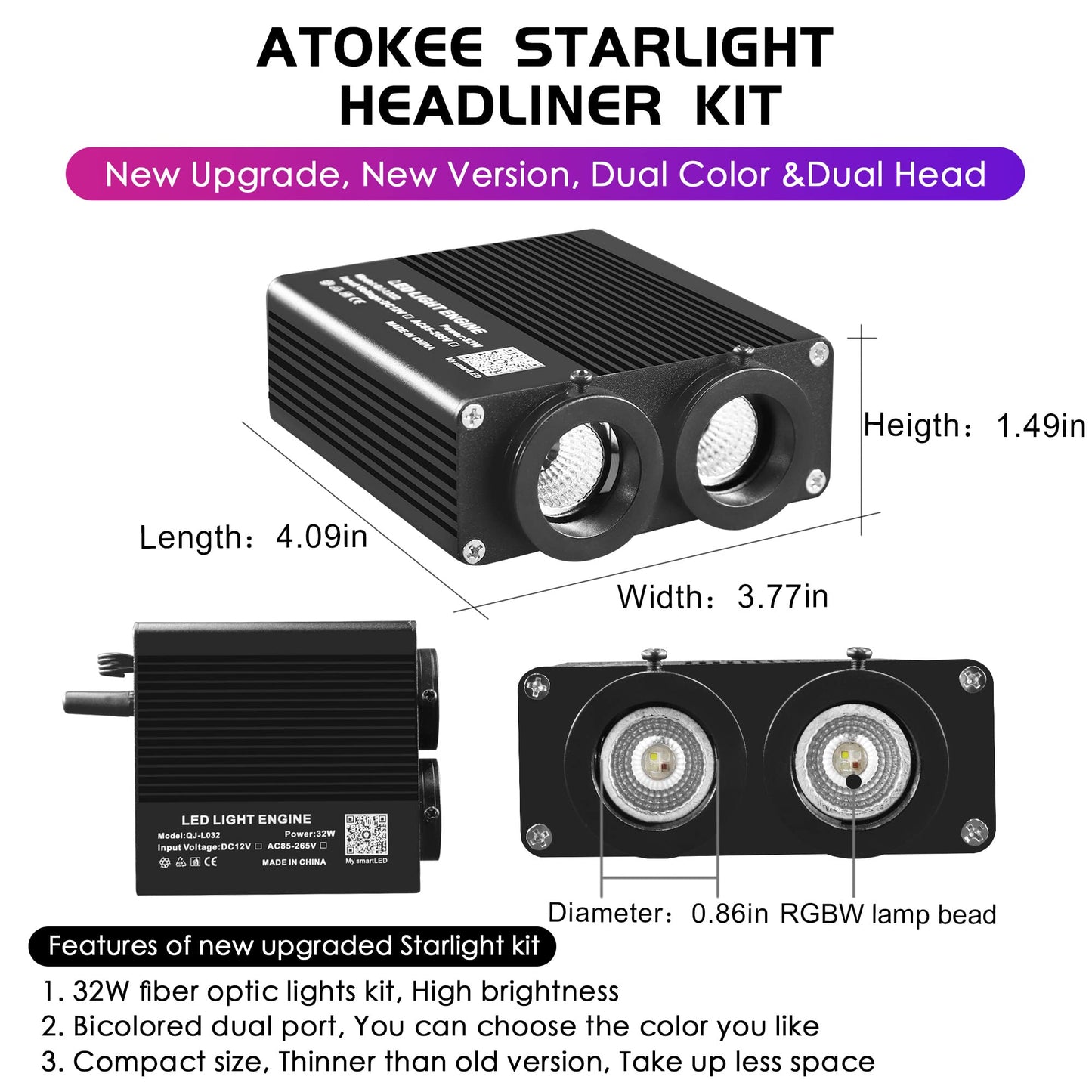 ATOKEE 32W Dual Color Starlight Headliner Kit, Sound Activated Fiber Optic Star Roof Lights with APP/Remote Control, 600pcs 0.03in 9.8ft