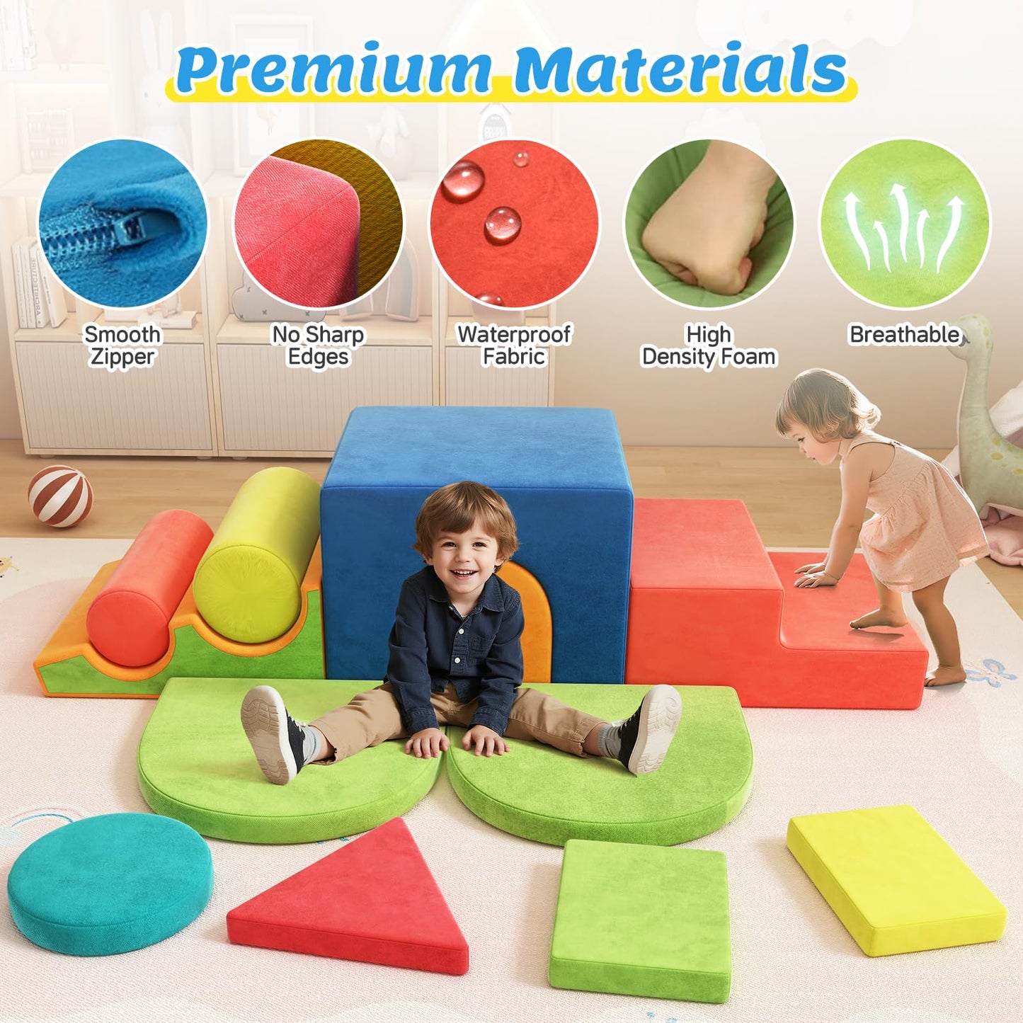 BabeNova 12-Piece Foam Climbing Blocks for Toddlers 1-3, Toddler Climbing Toys Indoor Soft Play Set, Kids Foam Climb Blocks with Tunnel, Steps, Rollers for Crawling, Montessori Indoor Play Gym