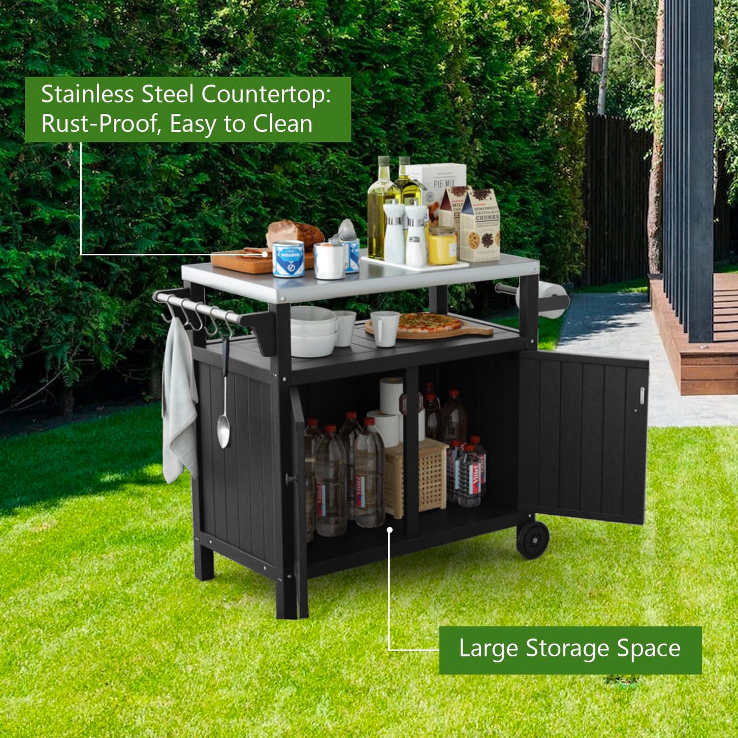 TORVA Portable Outdoor Grill Prep Table with Storage, Waterproof Outdoor Grill Cabinet, Stainless-Steel Tabletop Outdoor Kitchen Island, BBQ Cart with Wheels, Hooks and Side Shelf | Black
