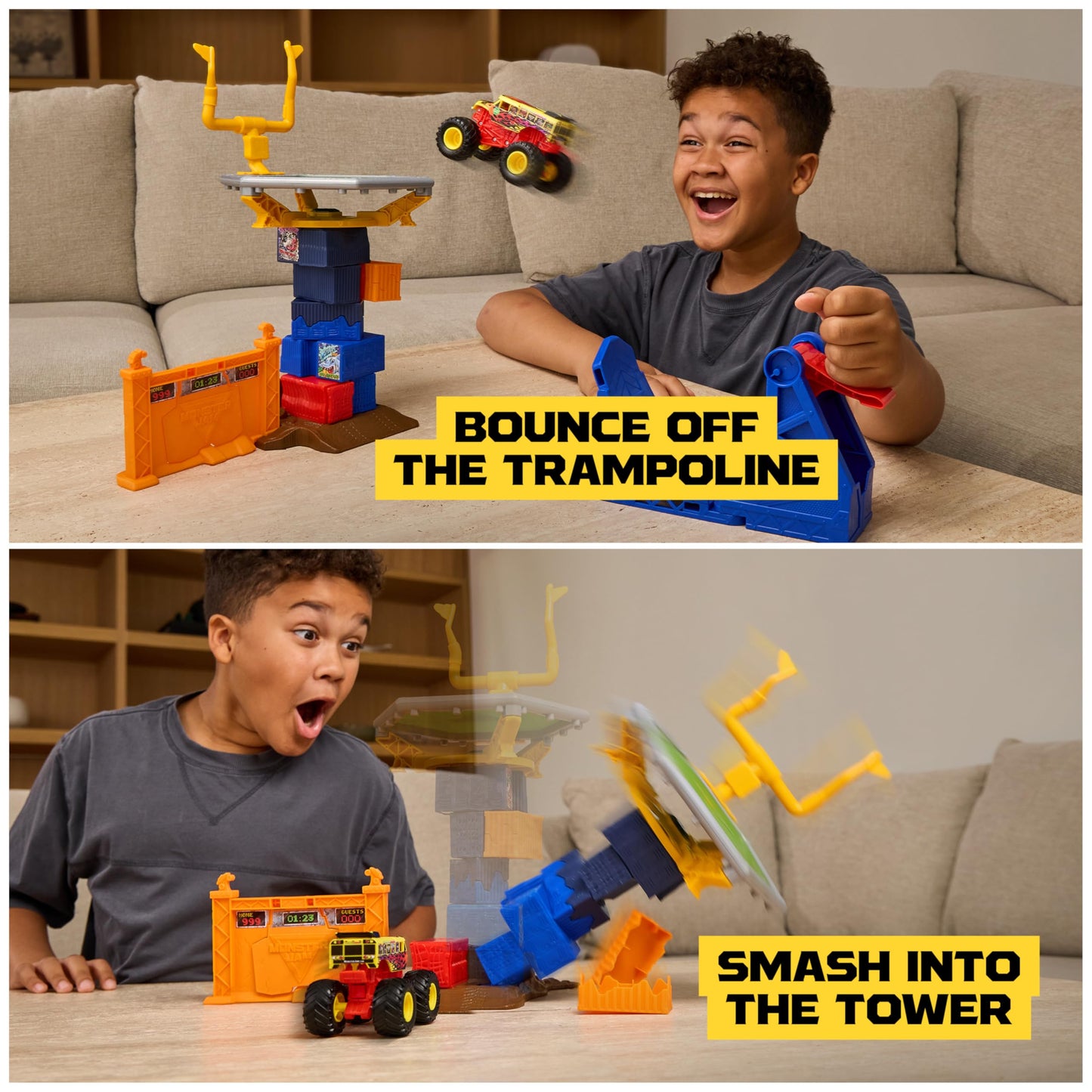 Monster Jam Smash & Bash Crash Course Playset with Launcher, Exclusive 1:64 Scale Monster Truck, 16-inch Obstacle Tower with Trampoline, Kids Toys for Boy and Girls Ages 3 and up