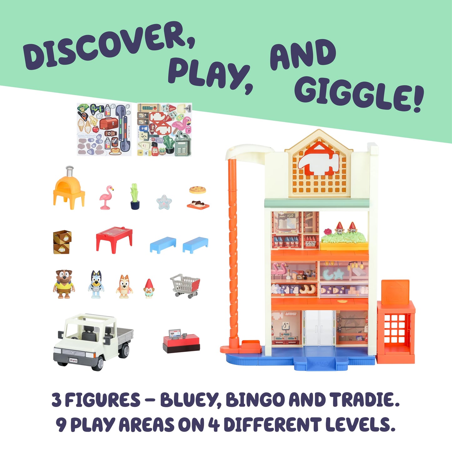 Bluey Hammerbarn Mega Kids Home Improvement Store Playset, 22”, 4 Level Pretend Store with 15 Accessories and 45+ Sounds, Kids Play Market for Ages 3+
