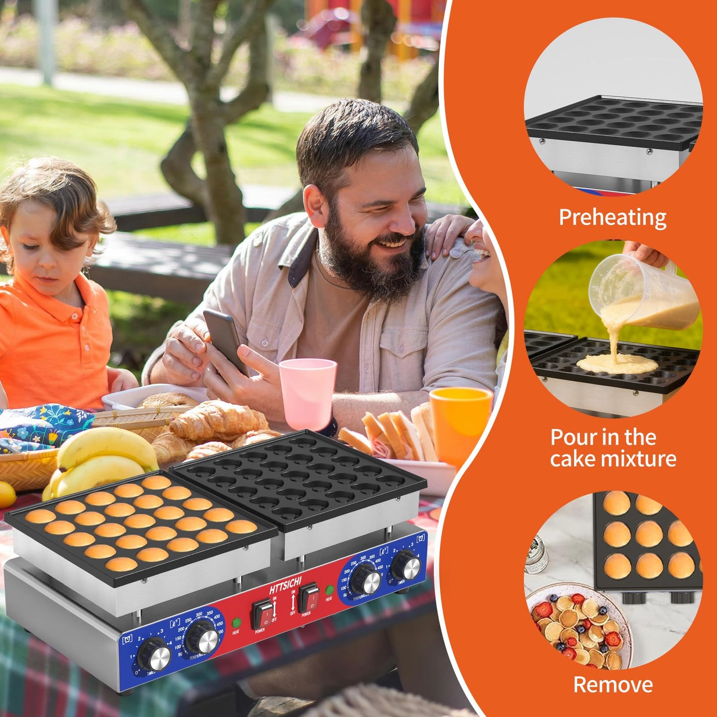 HTTSICHI Mini Pancake Maker - 50Pcs Commercial Pancake Maker With Round-Shaped and Heart-Shaped, Mini Pancakes Maker Machine With 2 Thermostats & 2 Timers, Non-stick Electric Pancakes Maker