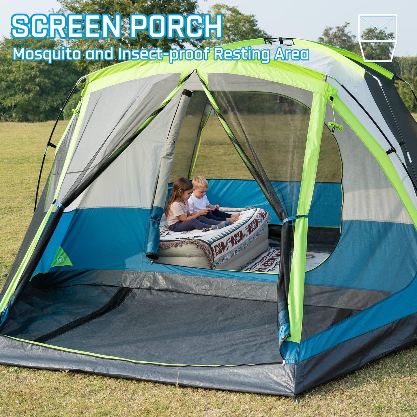 JELUCAMP 6/8 Person Large Waterproof Family Tents for Camping, Screened Camping Tent with Screen Porch, Bug-Free Relaxation & Easy Setup, Includes Rainfly & Carry Bag, Blue