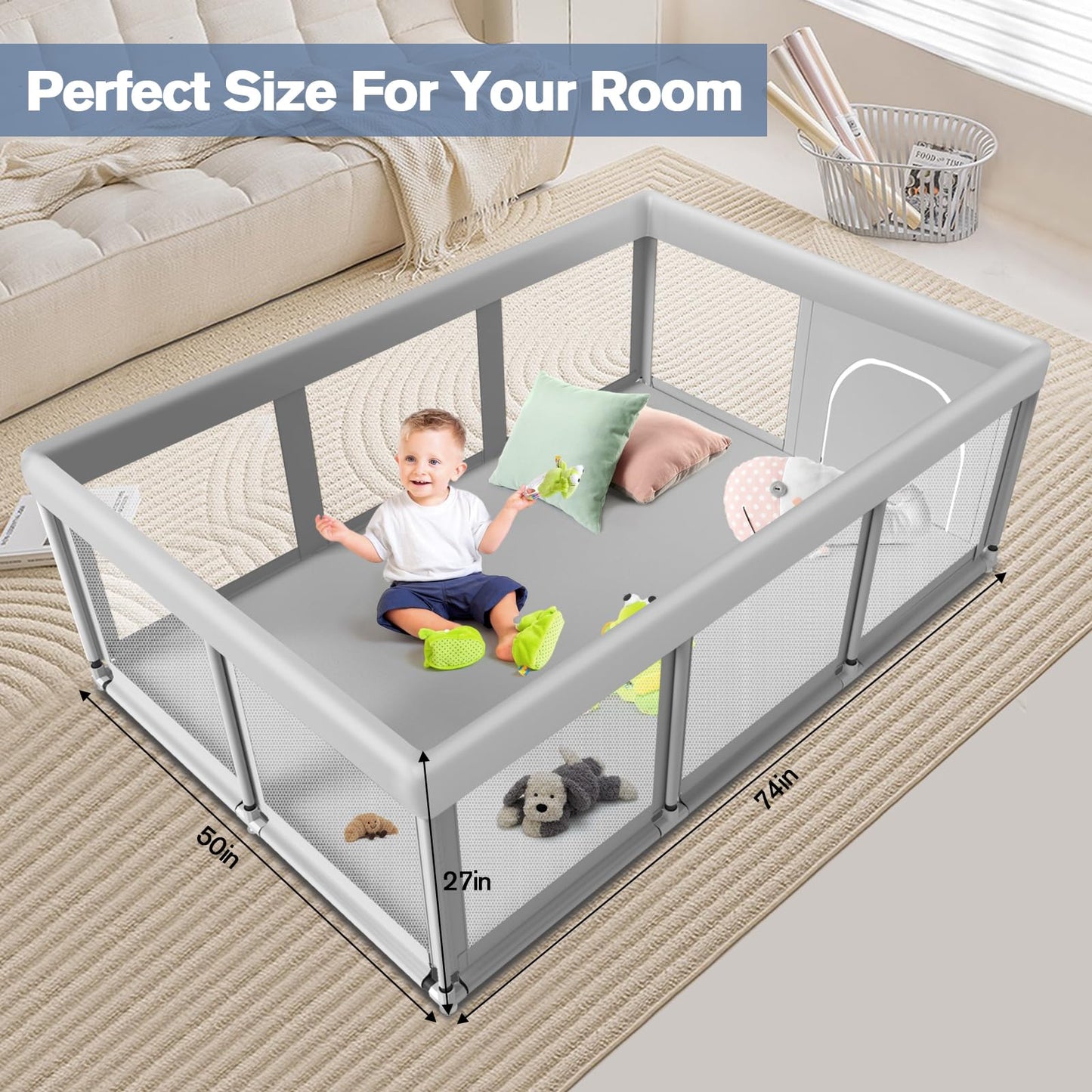 Large Baby Playpen for Babies and Toddlers, Playpen 74×50, Large Baby Play Yards Indoor & Outdoor, Sturdy Safety Baby Play Pen with Soft Breathable Mesh, Toddlers Activity Center with Anti-Slip Base